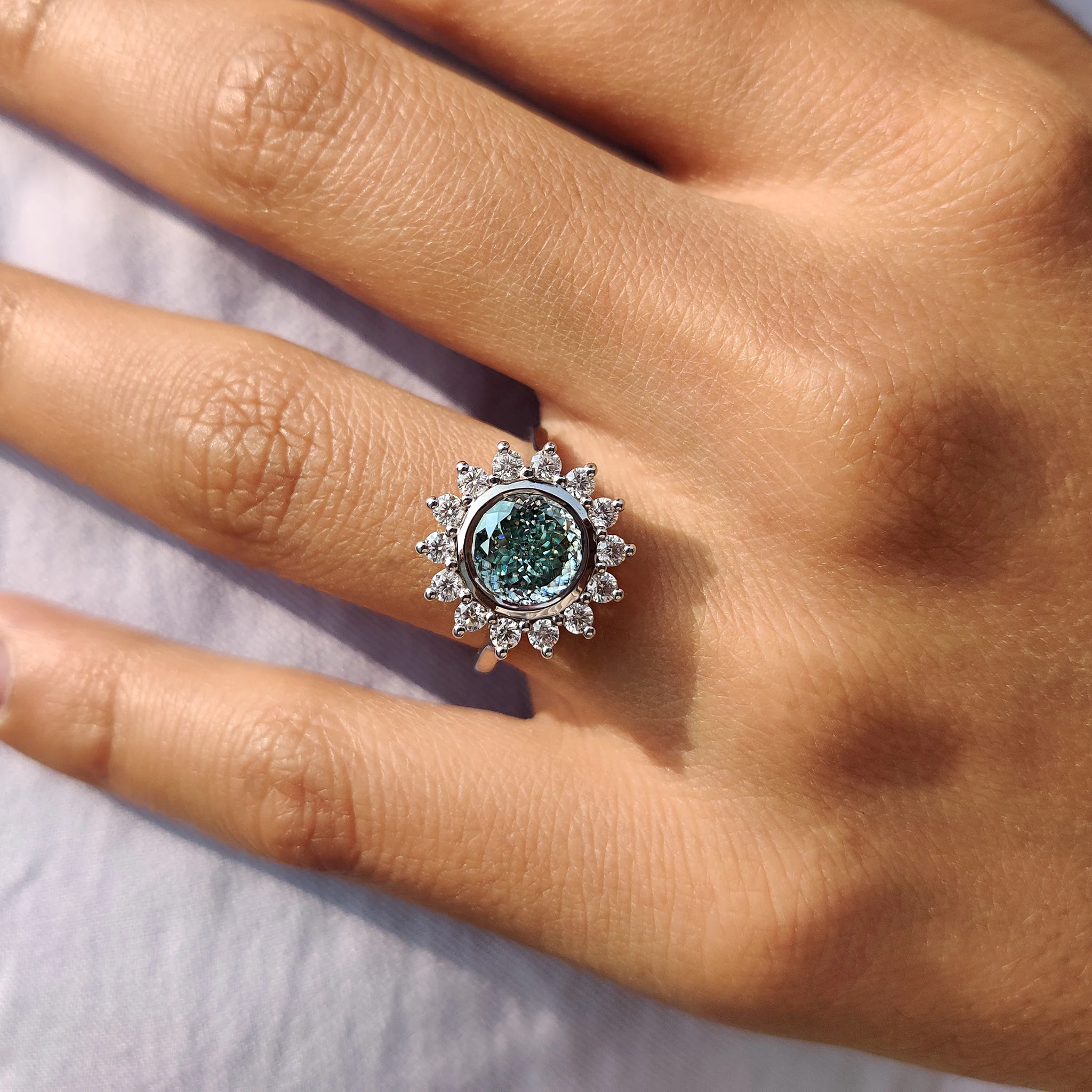 Halo And Bezel Portuguese Cut Engagement Ring - Image 3