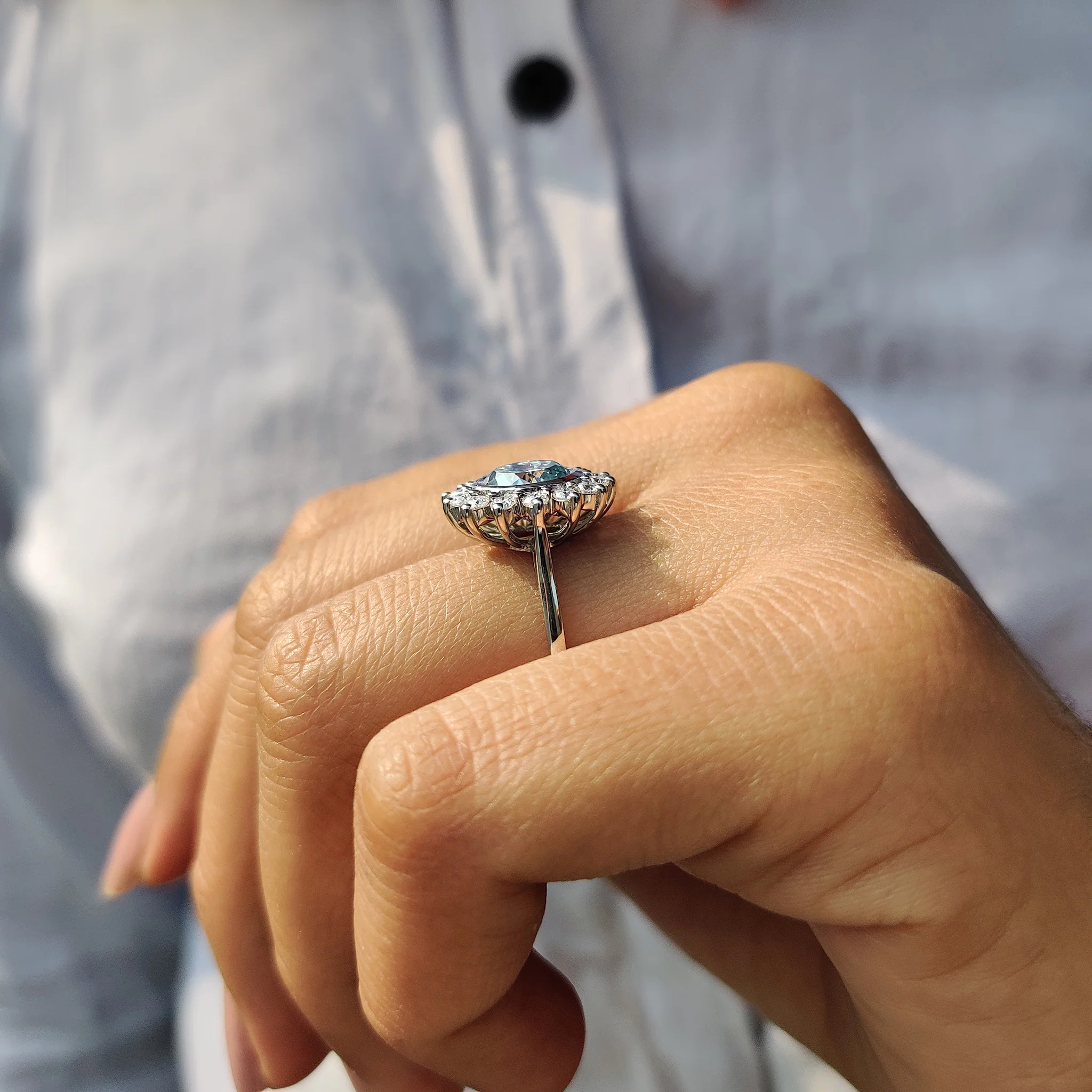 Halo And Bezel Portuguese Cut Engagement Ring - Image 4