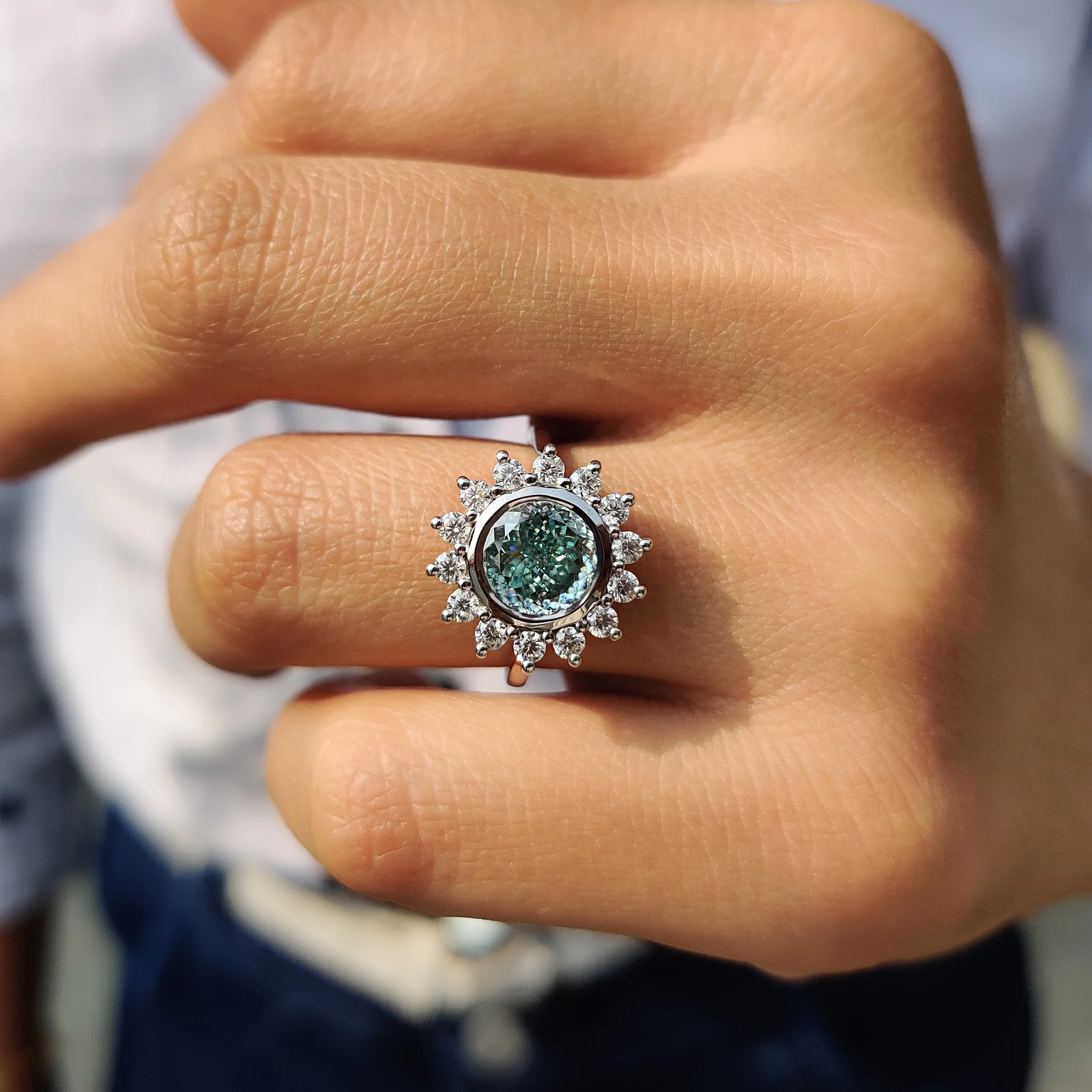 Halo And Bezel Portuguese Cut Engagement Ring - Image 6