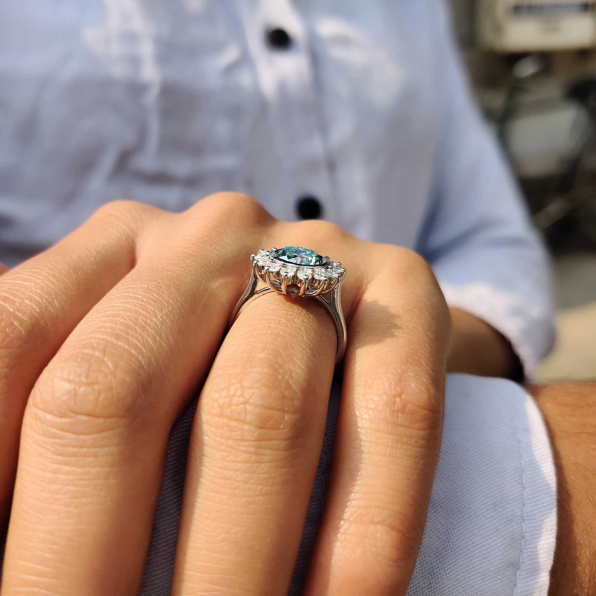Halo And Bezel Portuguese Cut Engagement Ring - Image 7