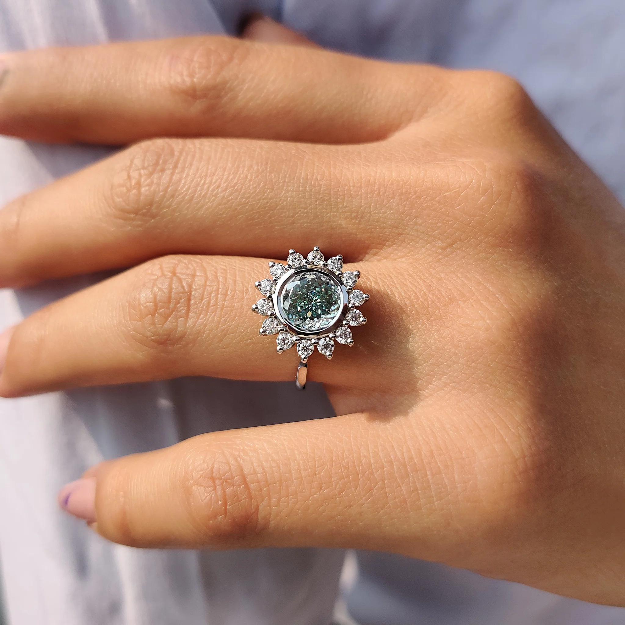 Halo And Bezel Portuguese Cut Engagement Ring - Image 8