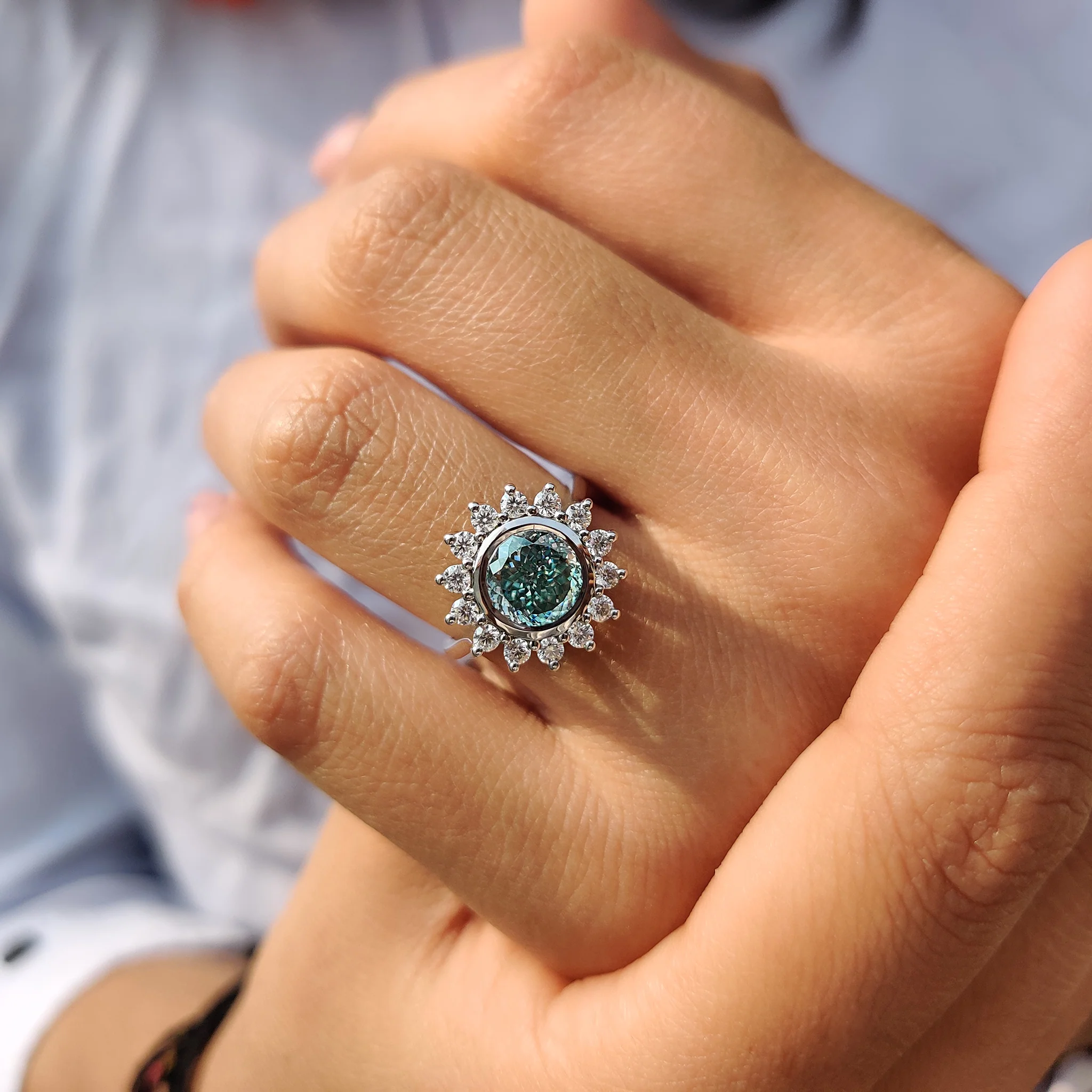 Halo And Bezel Portuguese Cut Engagement Ring - Image 9