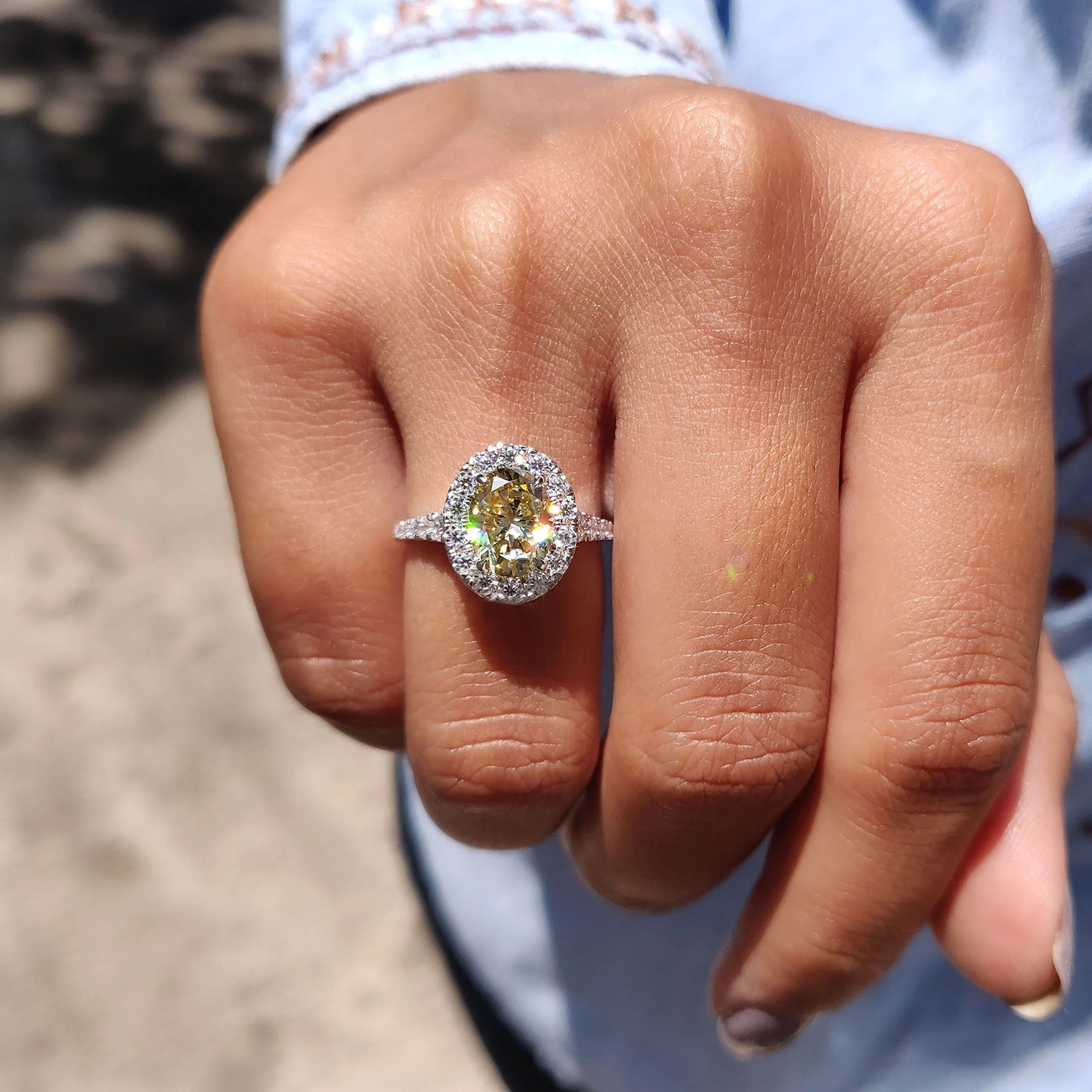 Light Yellow Oval Halo Engagement Ring - Image 8