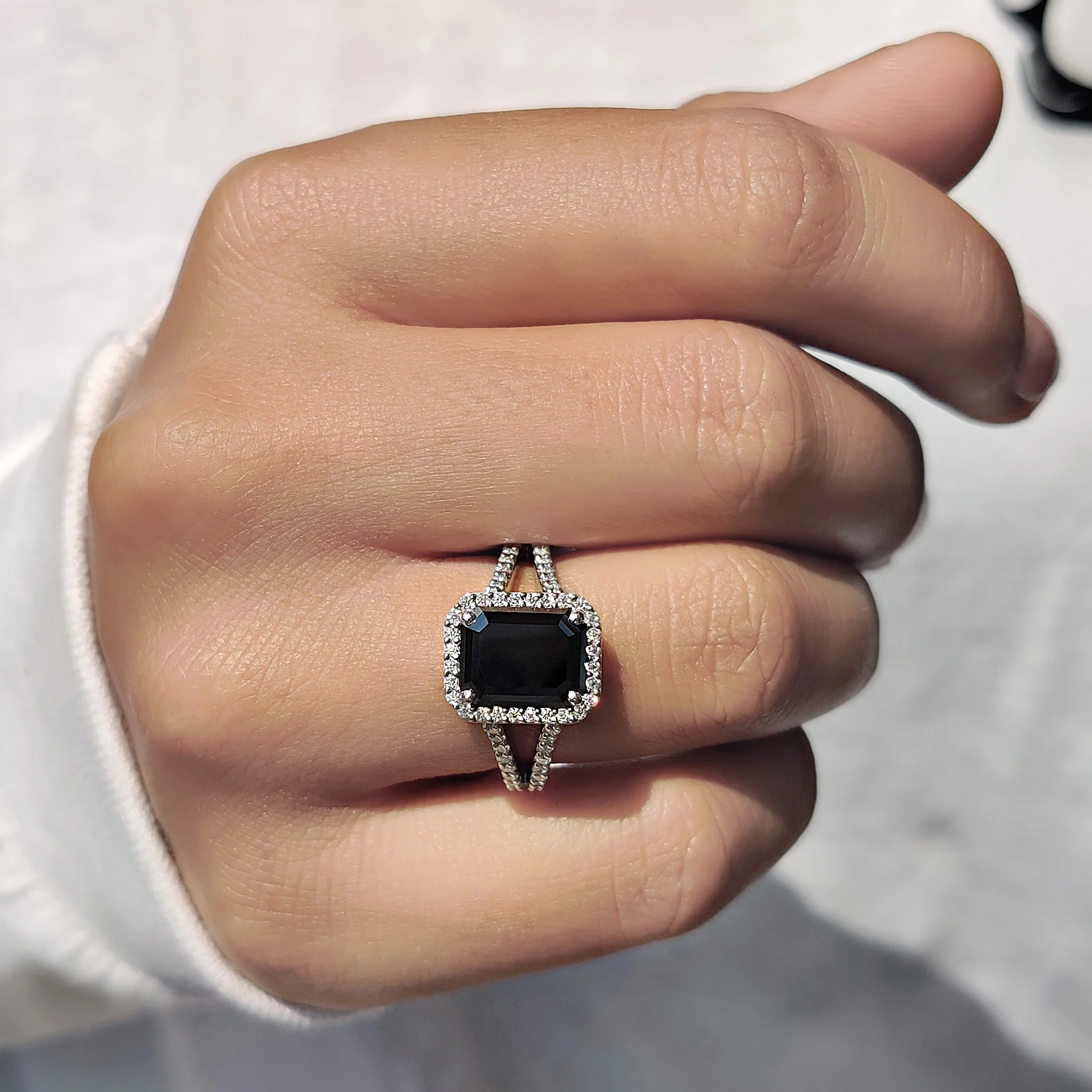 Halo Setting Black Gold Emerald Ring - Image 9