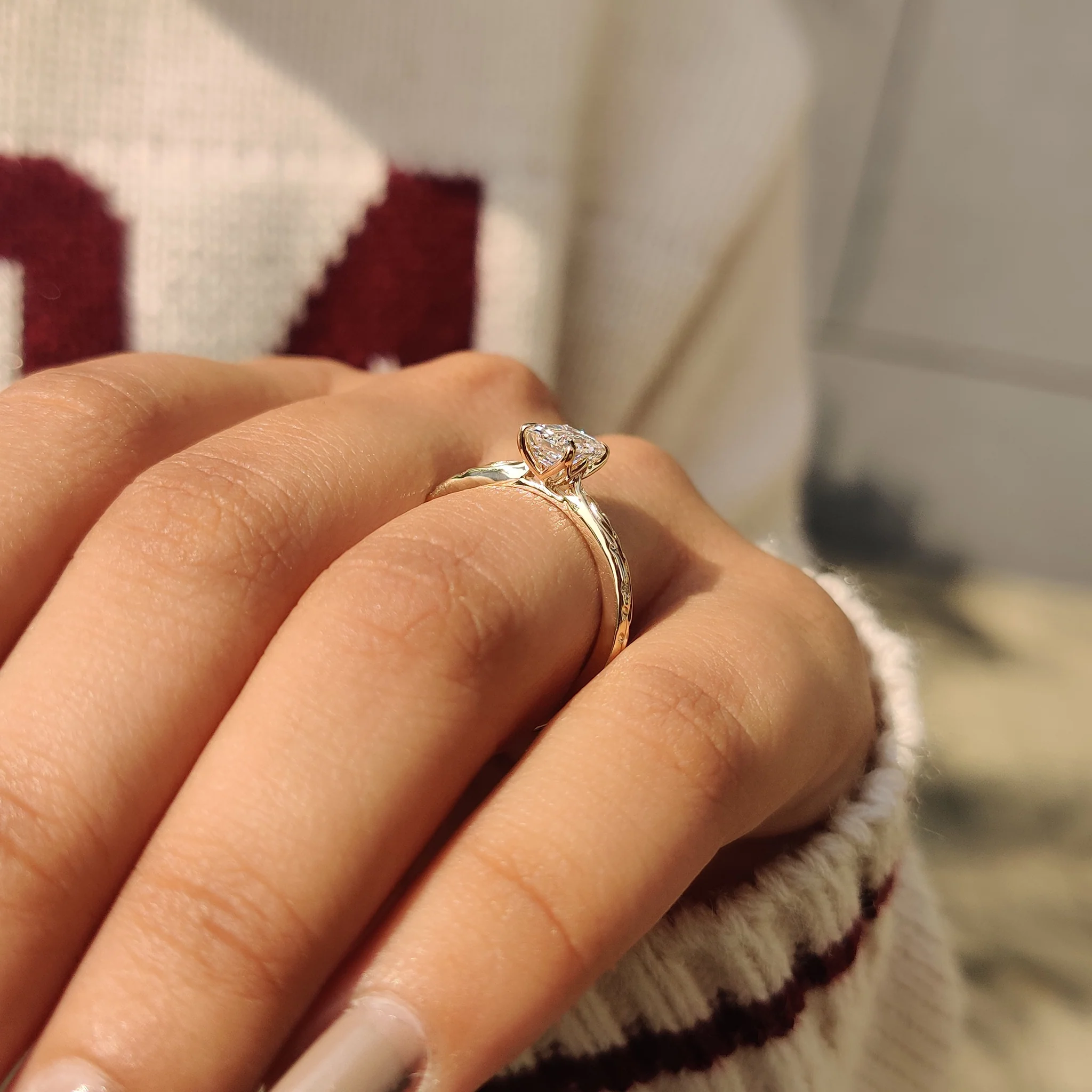 Hand Engraved Nature Inspired Emerald Diamond Ring - Image 6