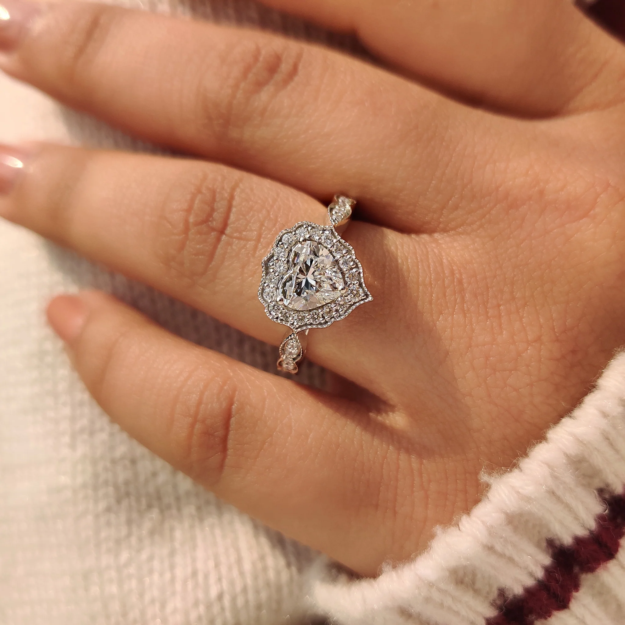 Heart Cut Diamond Ring with Round Diamond Halo Style - Image 10
