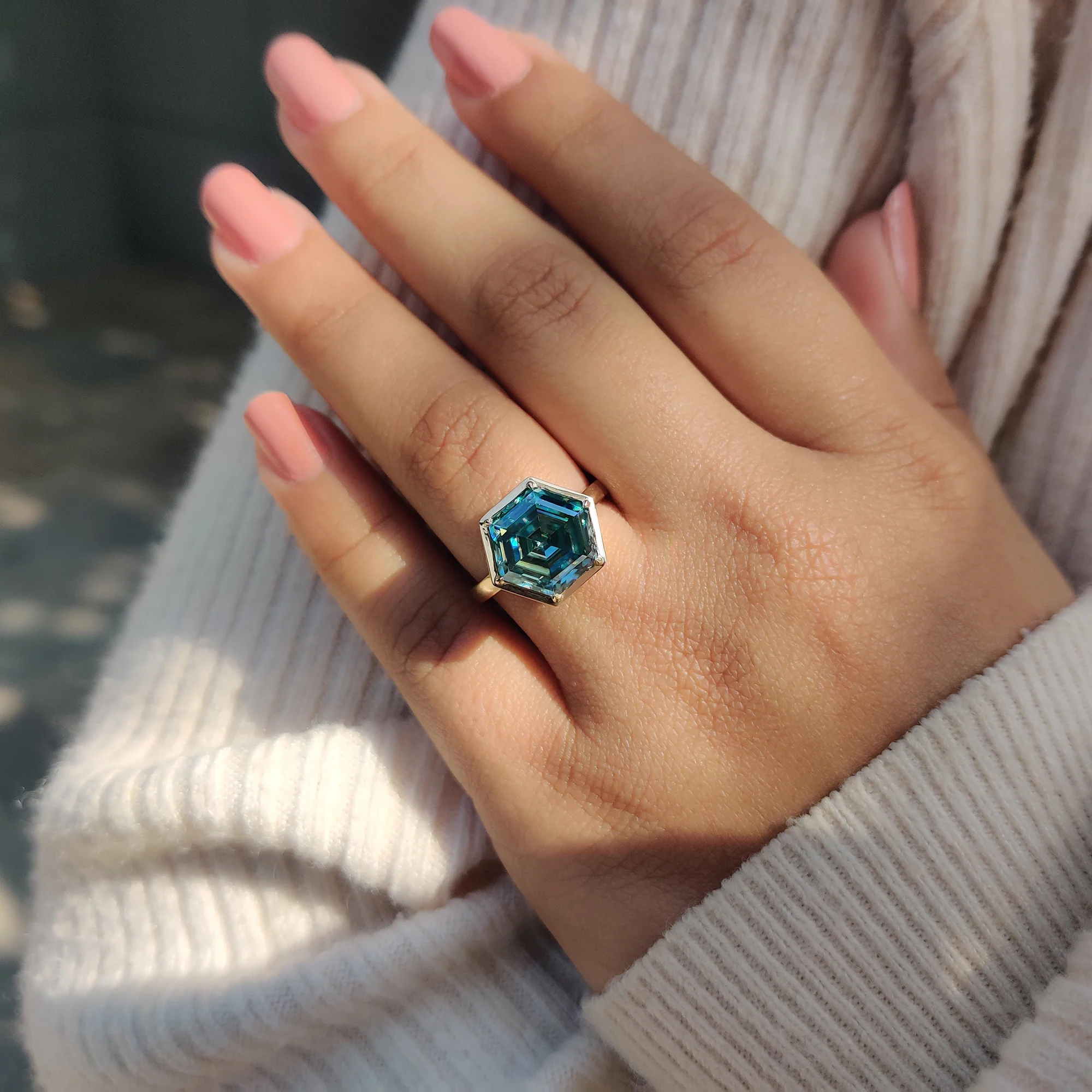 Step Cut Hexagon Engagement Ring with Cyan Blue Stone - Image 2