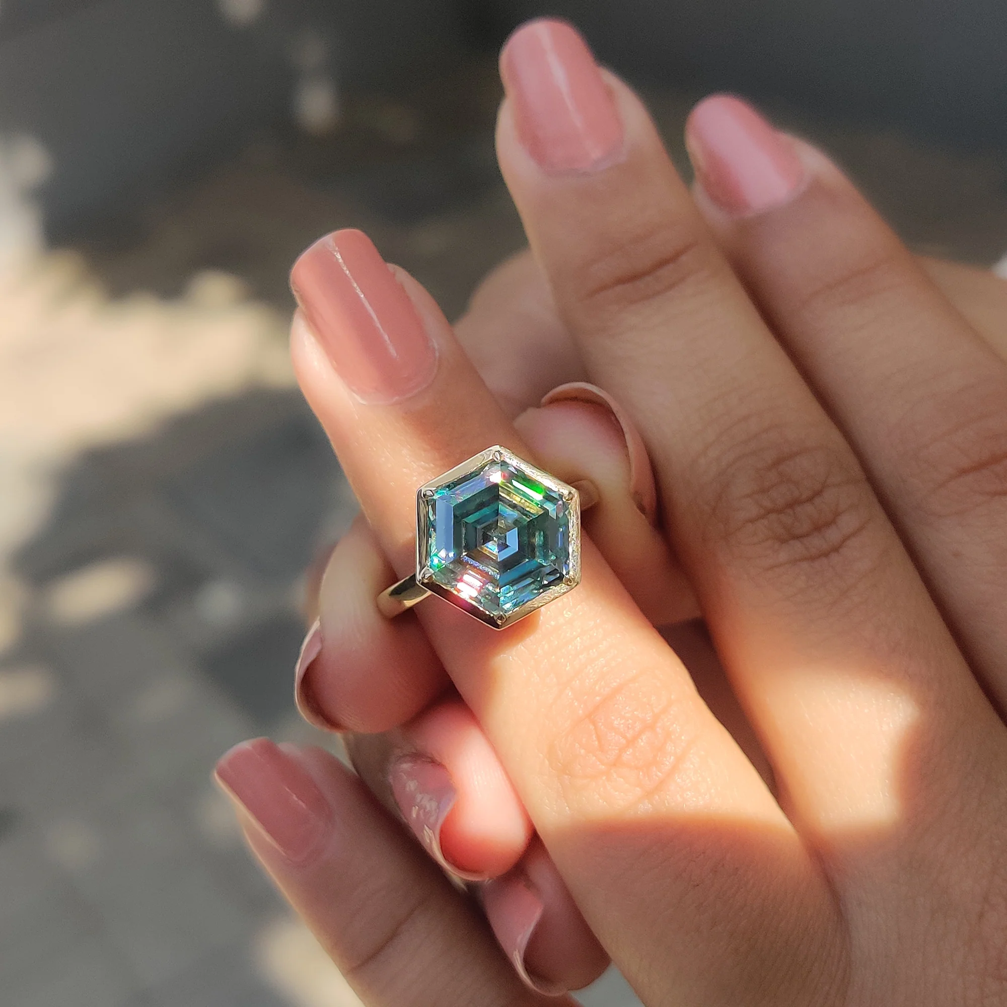Step Cut Hexagon Engagement Ring with Cyan Blue Stone - Image 7
