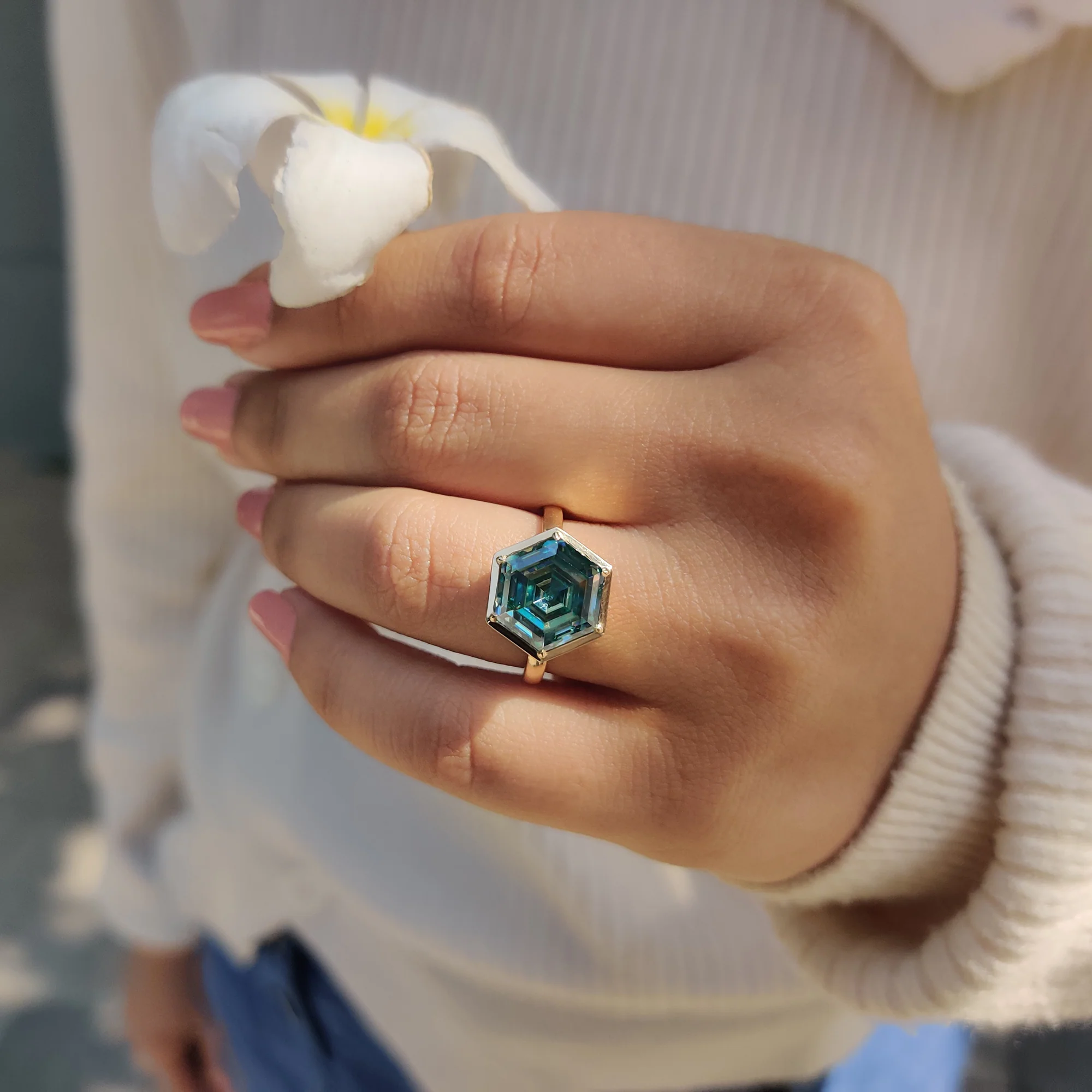 Step Cut Hexagon Engagement Ring with Cyan Blue Stone - Image 8