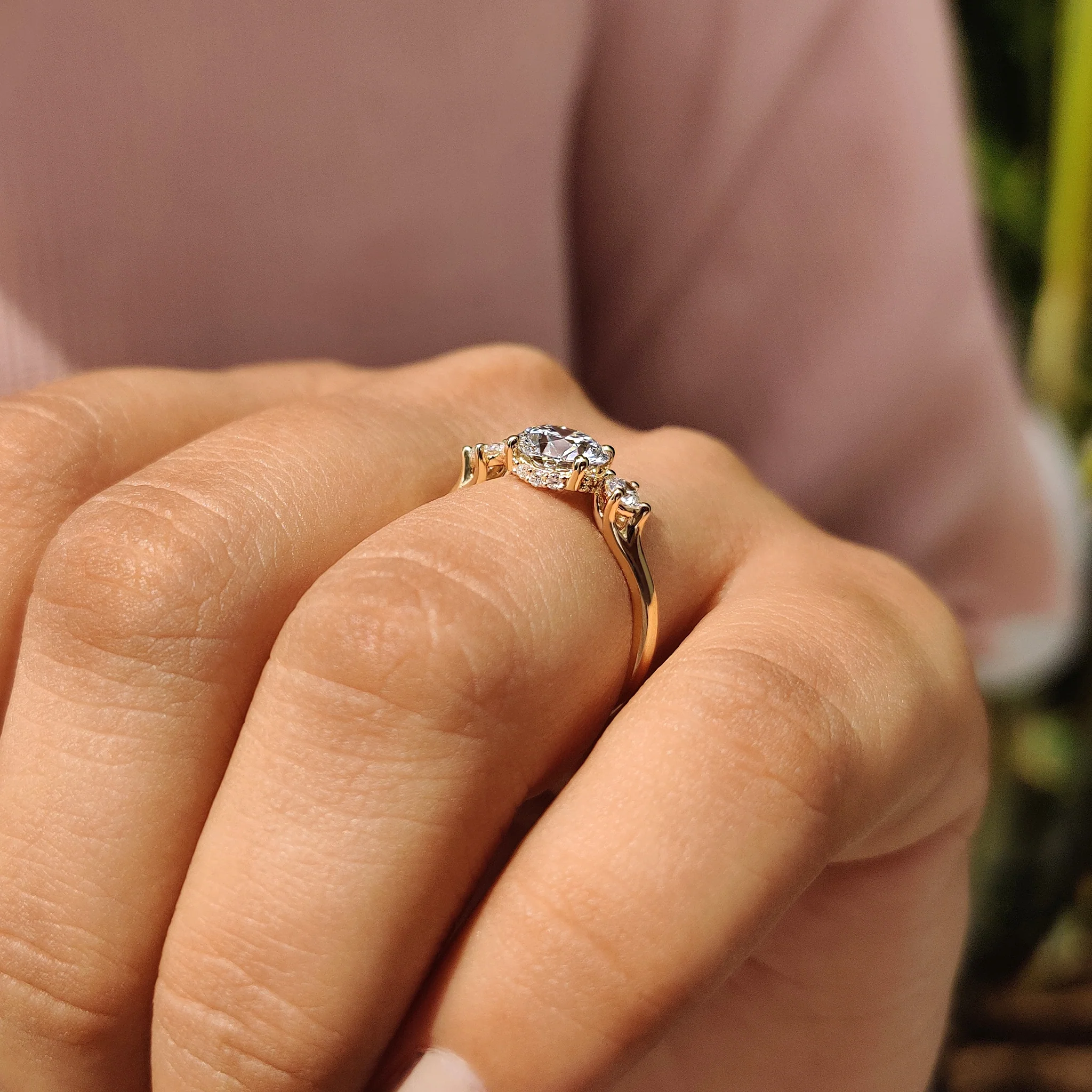 Three Stone Hidden Halo Round Engagement Ring - Image 4