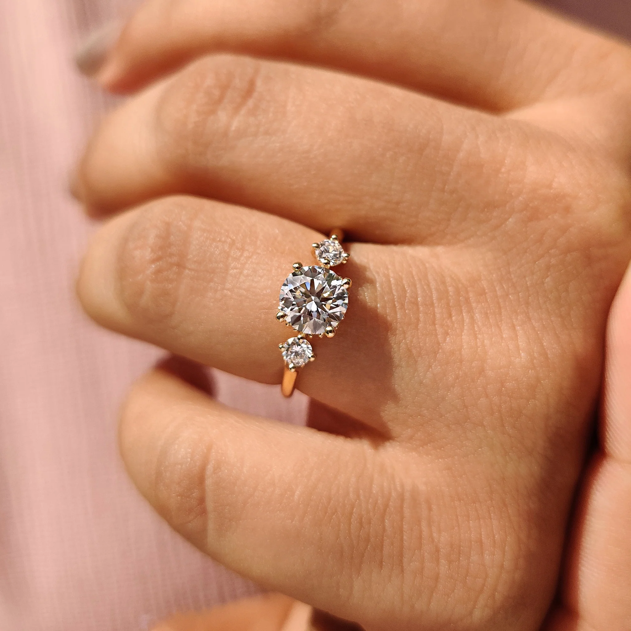 Three Stone Hidden Halo Round Engagement Ring - Image 7
