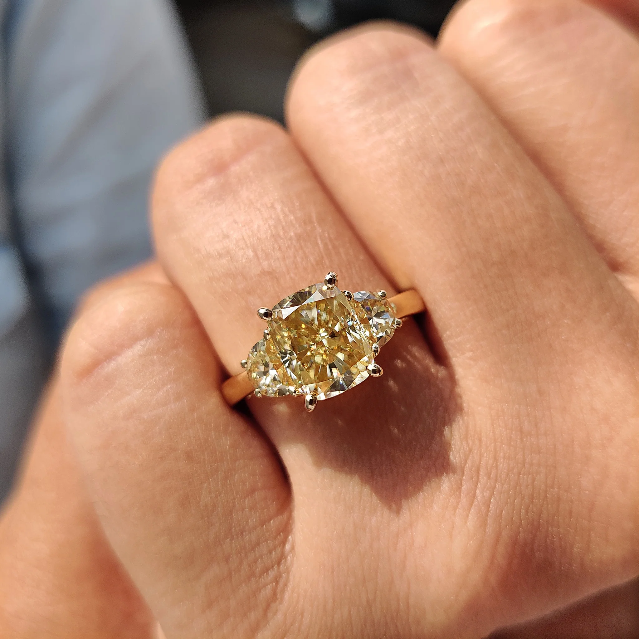 Light Yellow Cushion Cut Moissanite Engagement Ring - Image 3