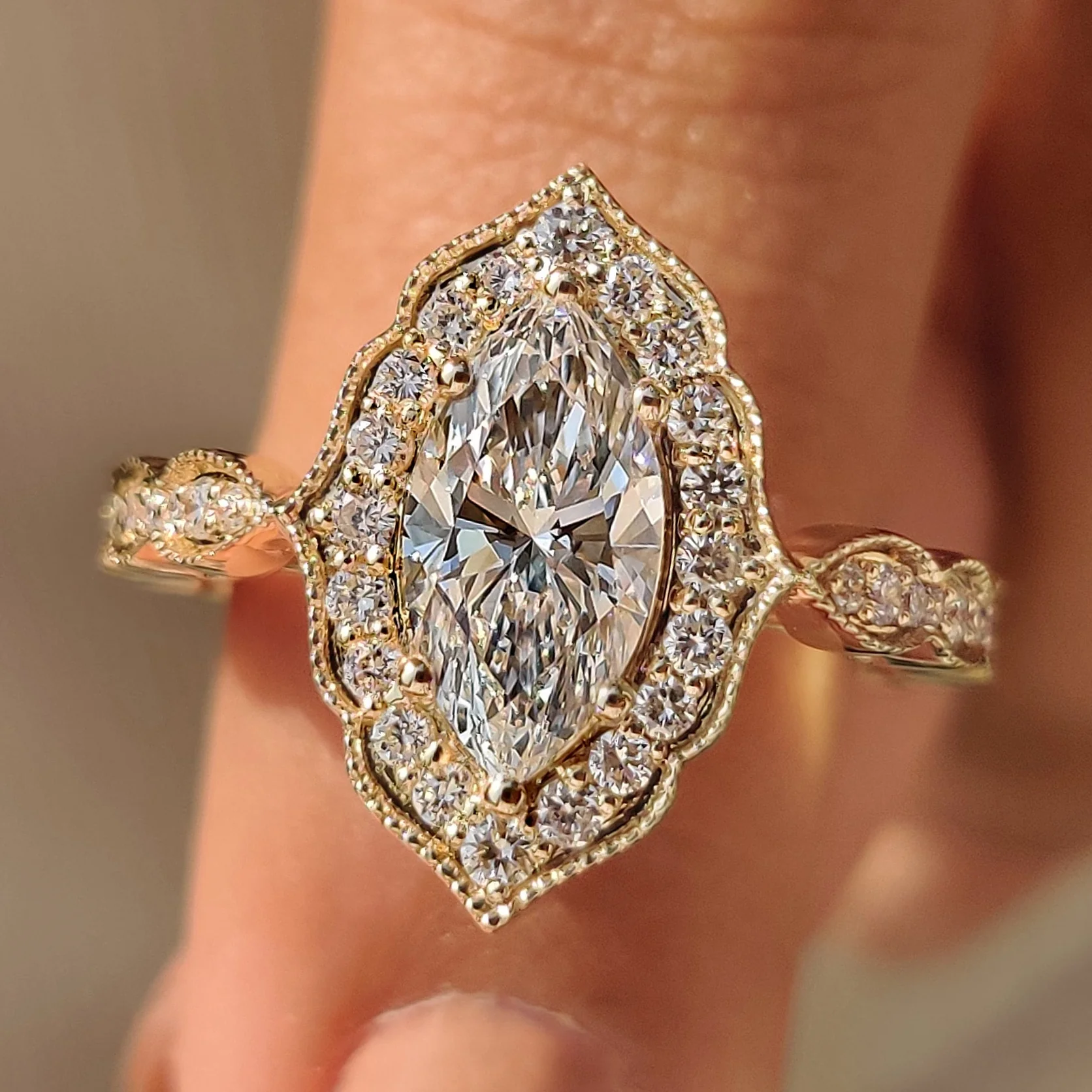 Marquise Cut Diamond Ring in Milgrain Setting