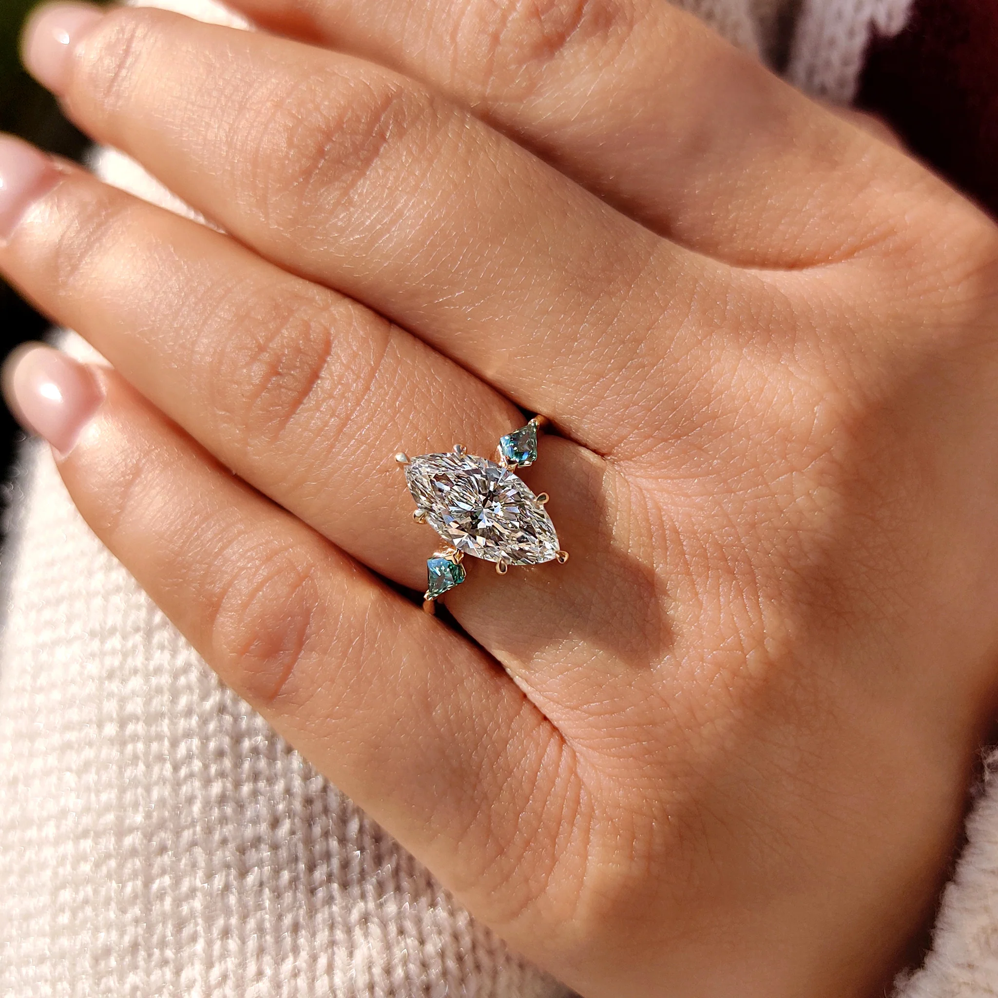 Marquise Cut Diamond Ring With Cyan Blue Kite Side Moissanite - Image 2