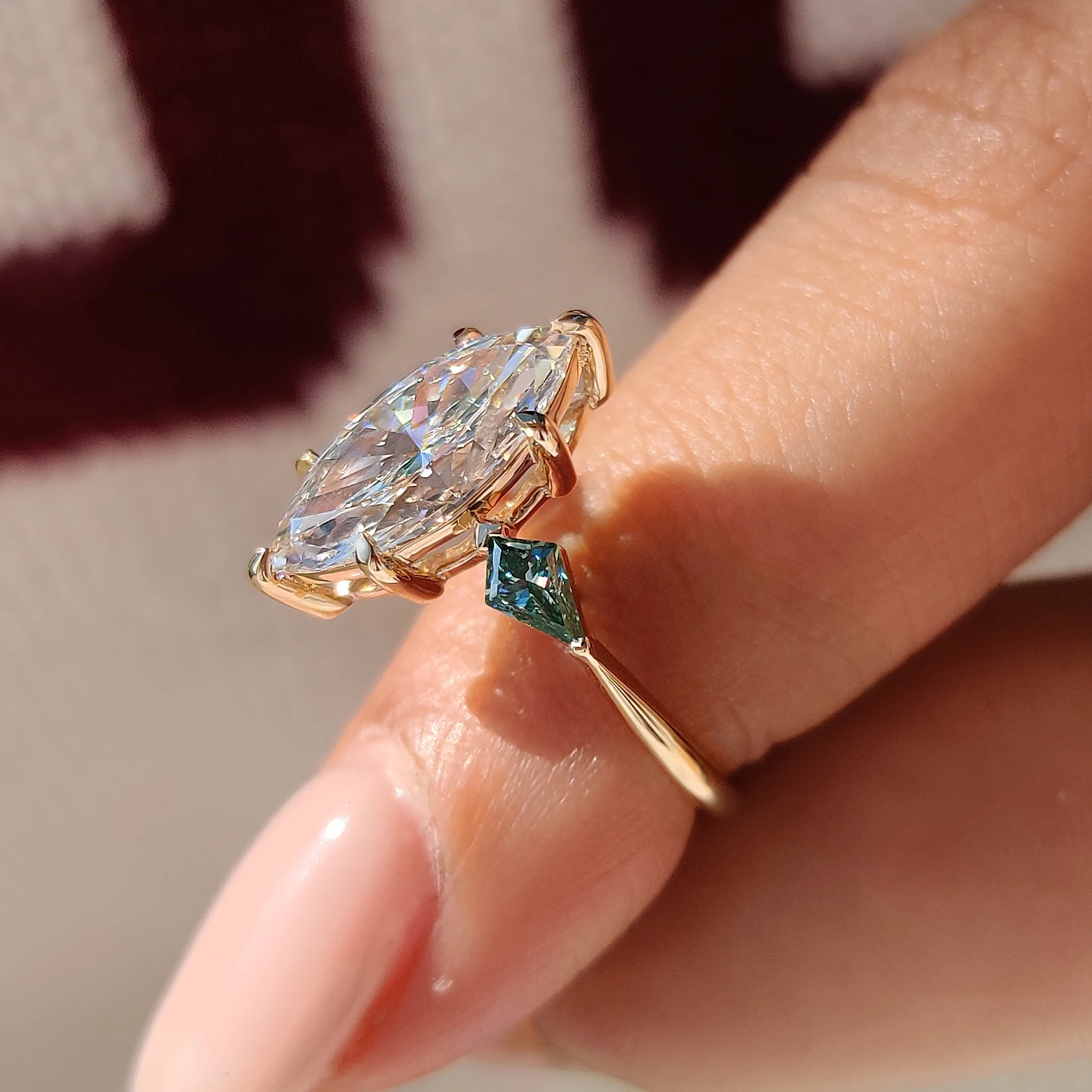 Marquise Cut Diamond Ring With Cyan Blue Kite Side Moissanite - Image 7