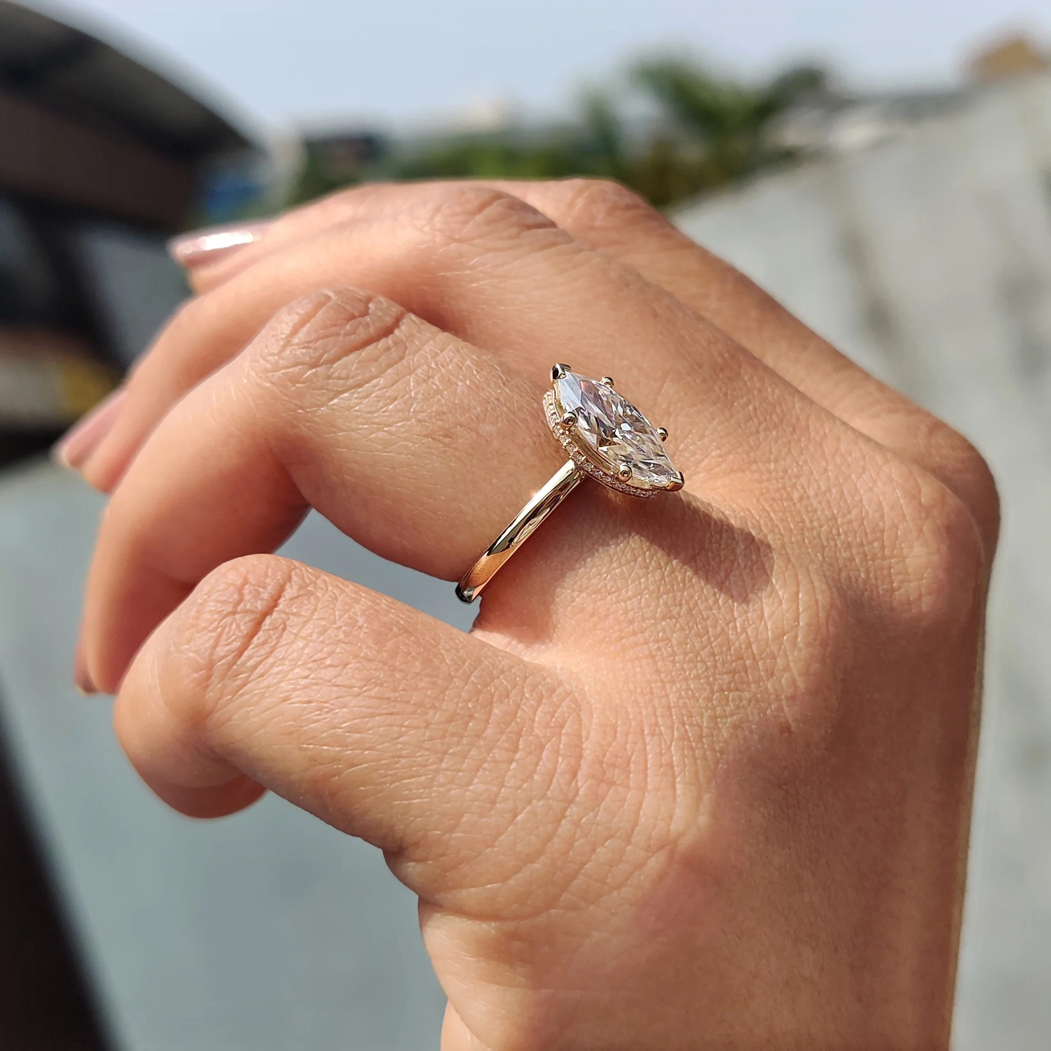Marquise Cut Solitaire Ring With Hidden Halo Design - Image 6