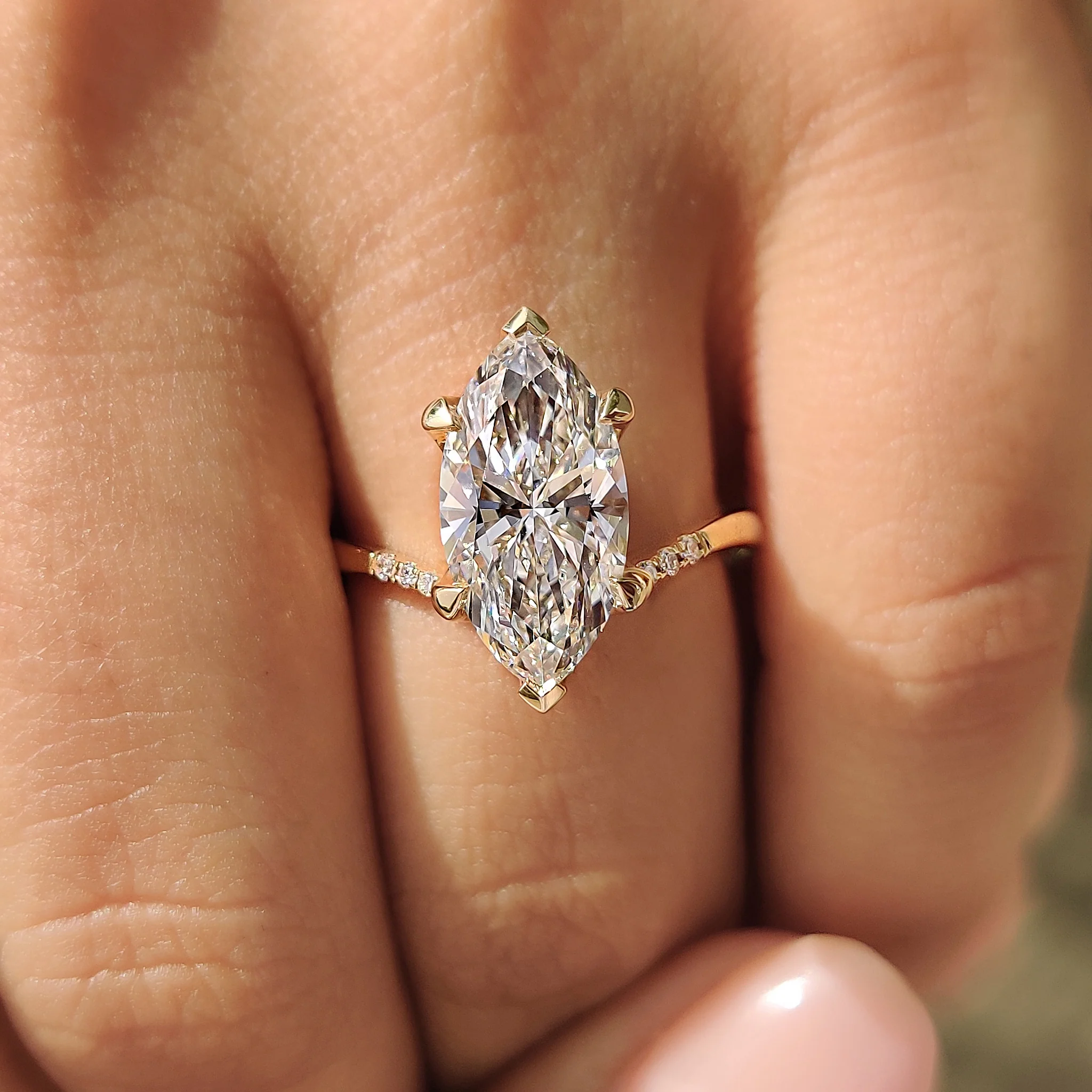 Gold Marquise Engagement Ring With Tapered Shank Band - Image 4