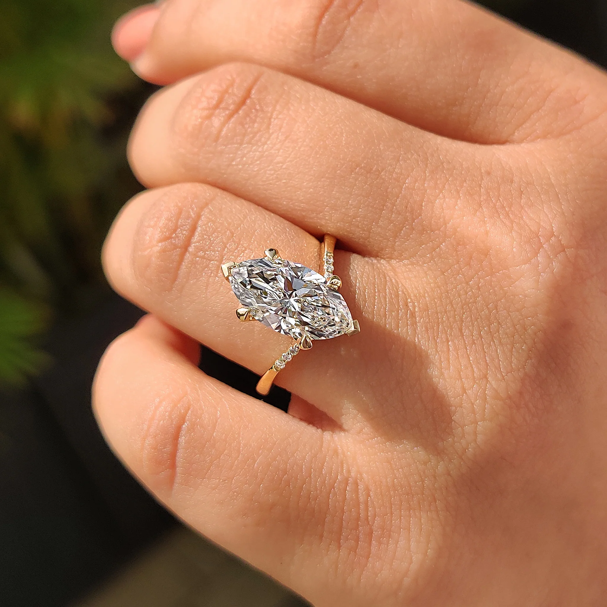Gold Marquise Engagement Ring With Tapered Shank Band - Image 6