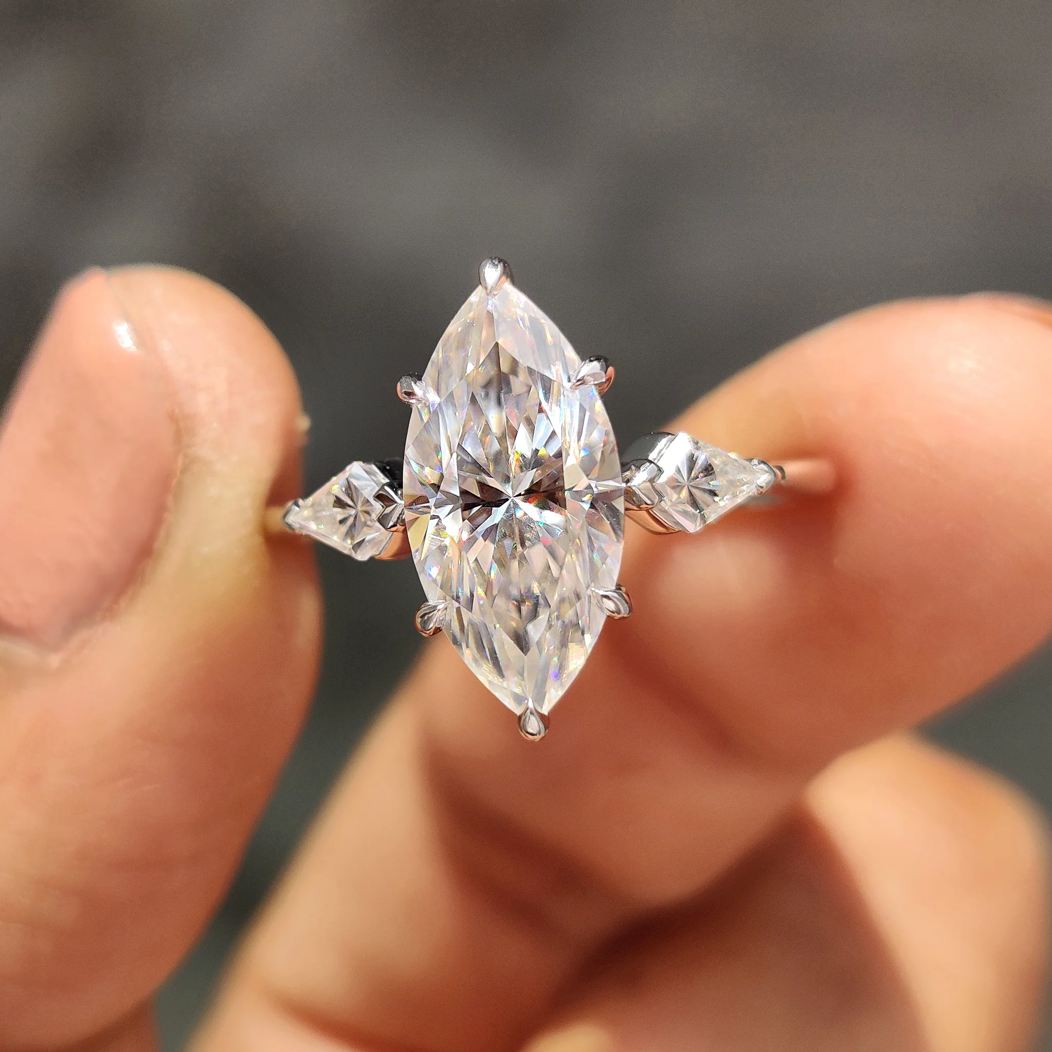 Marquise Moissanite Ring With 2 Kite Side Stone - Image 7