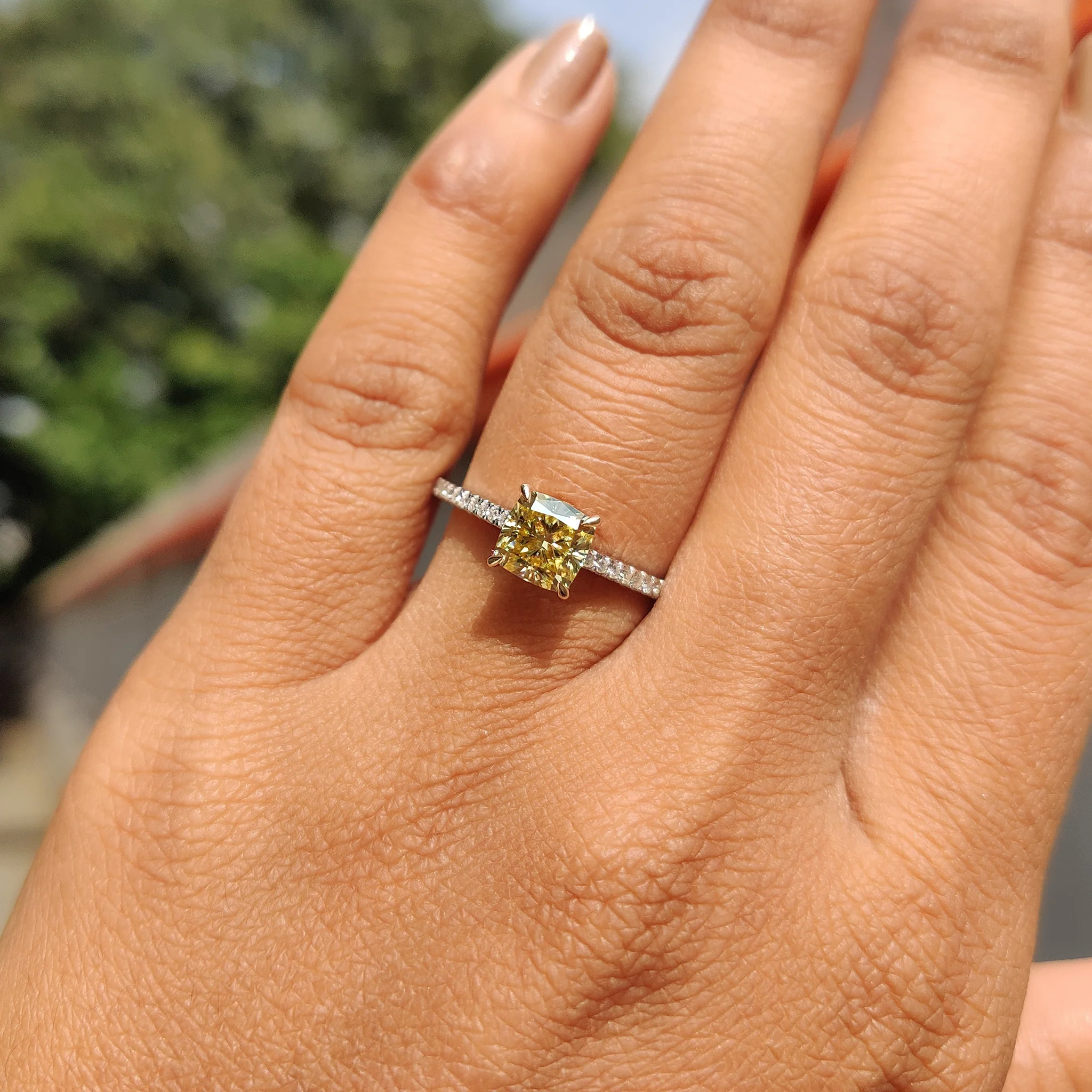 Moissanite Pave Ring With Cushion Canary Yellow Stone - Image 10