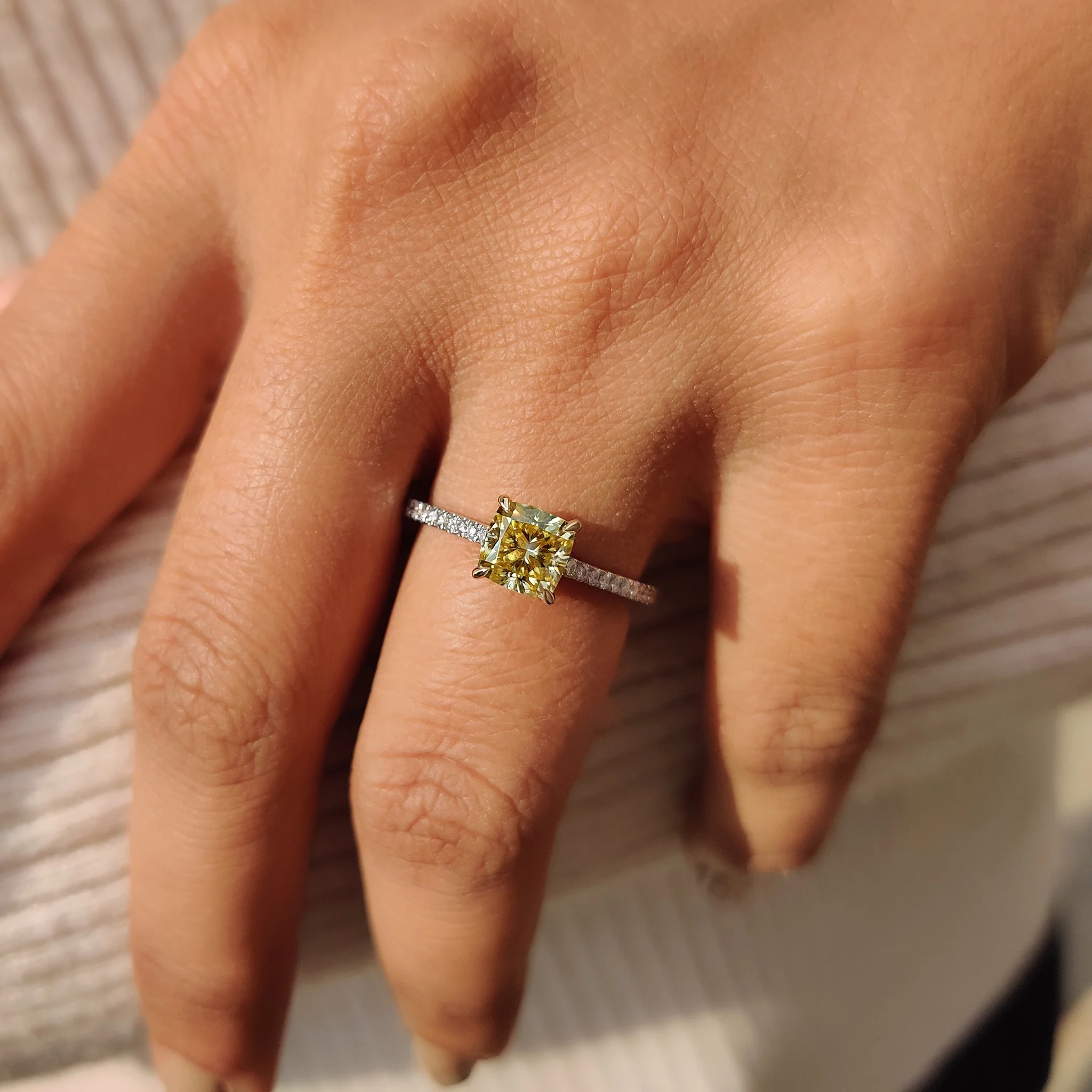 Moissanite Pave Ring With Cushion Canary Yellow Stone - Image 9