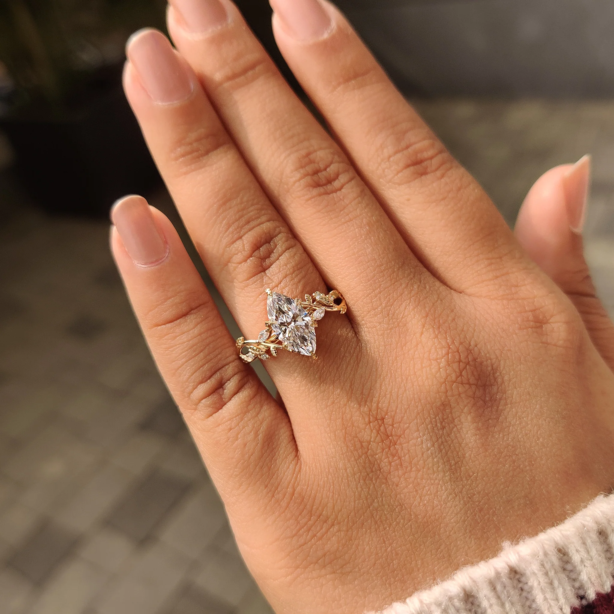 Nature Inspired Marquise Diamond Ring with Secure Leaf Style Prong - Image 9