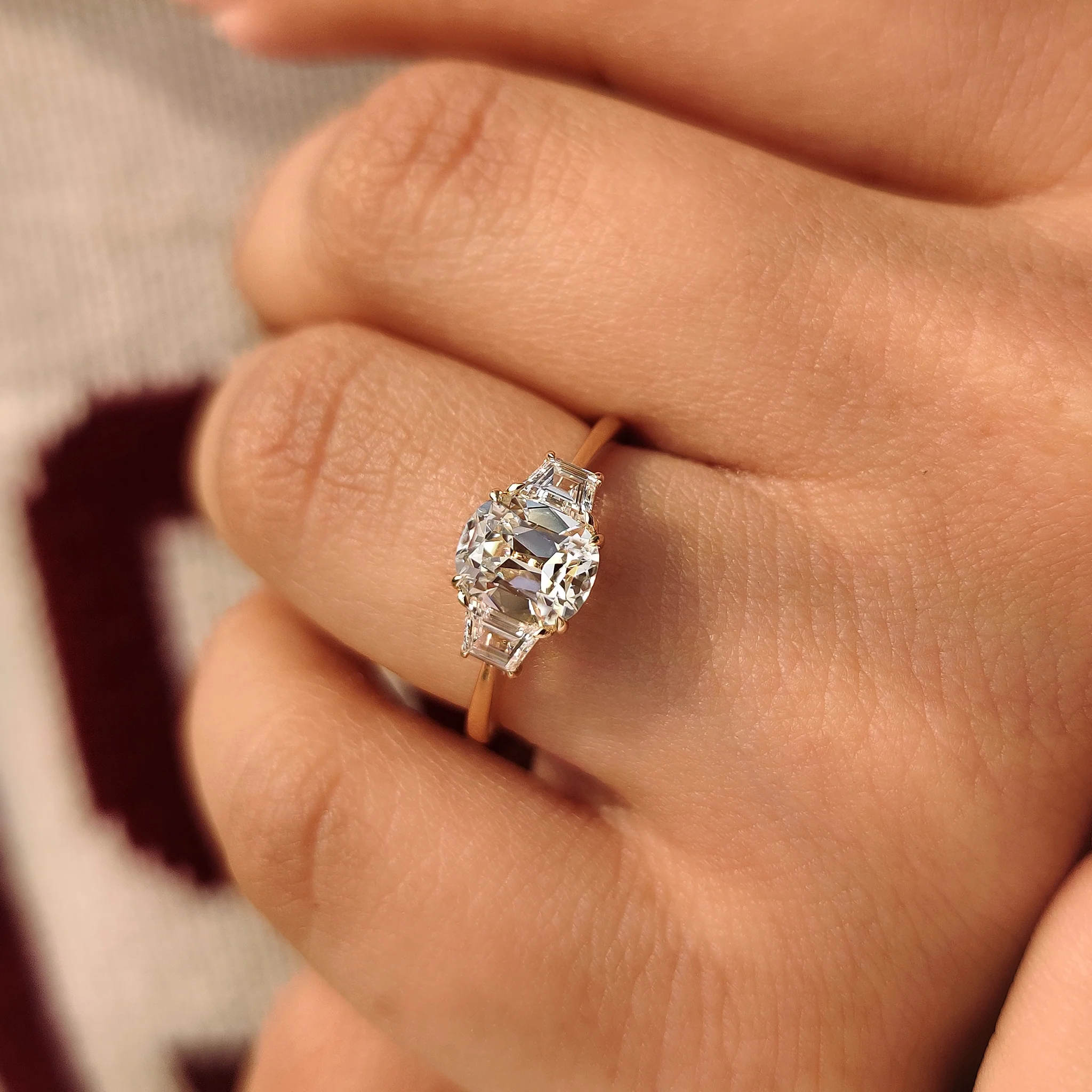 Old Mine Cushion Cut Diamond Ring with Trapezoid Side Stones - Image 4