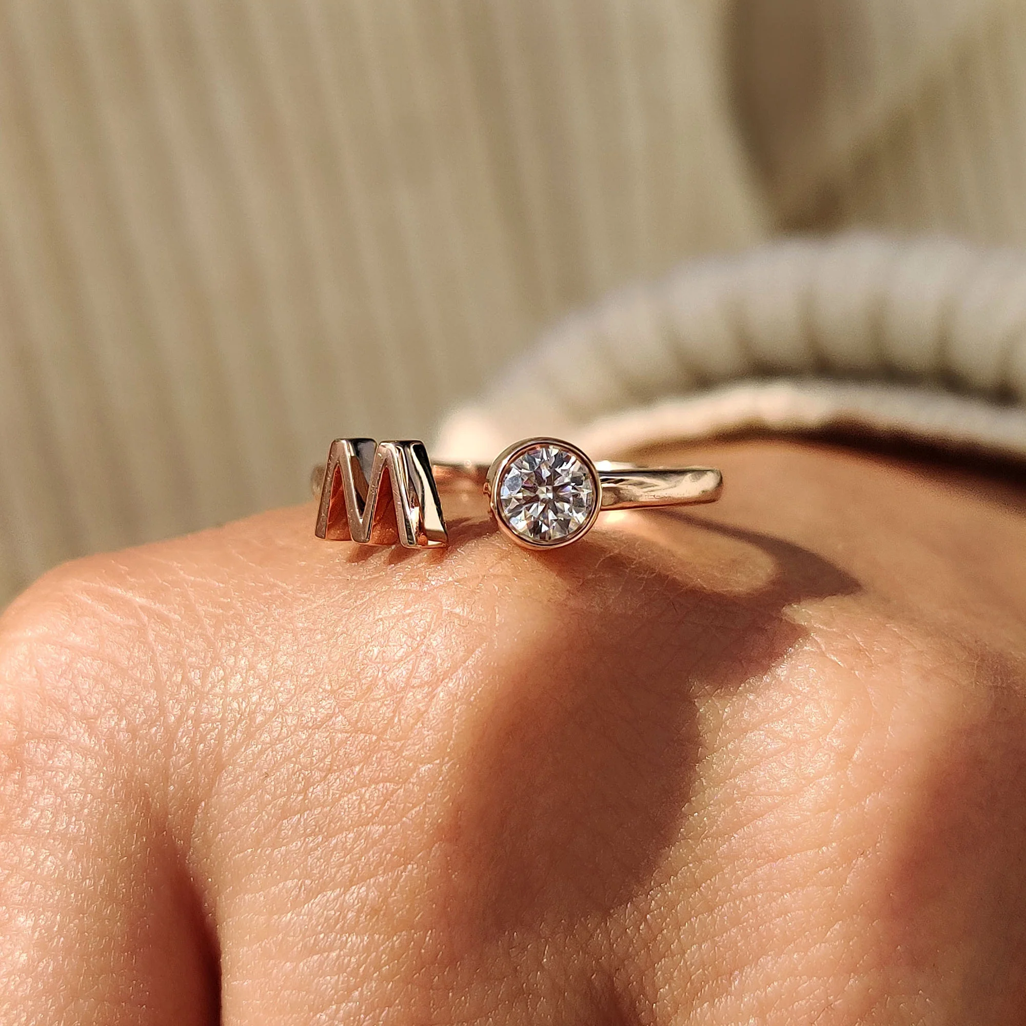 Bezel Set Round Cut Open Gap Ring Set With Personalized Letter