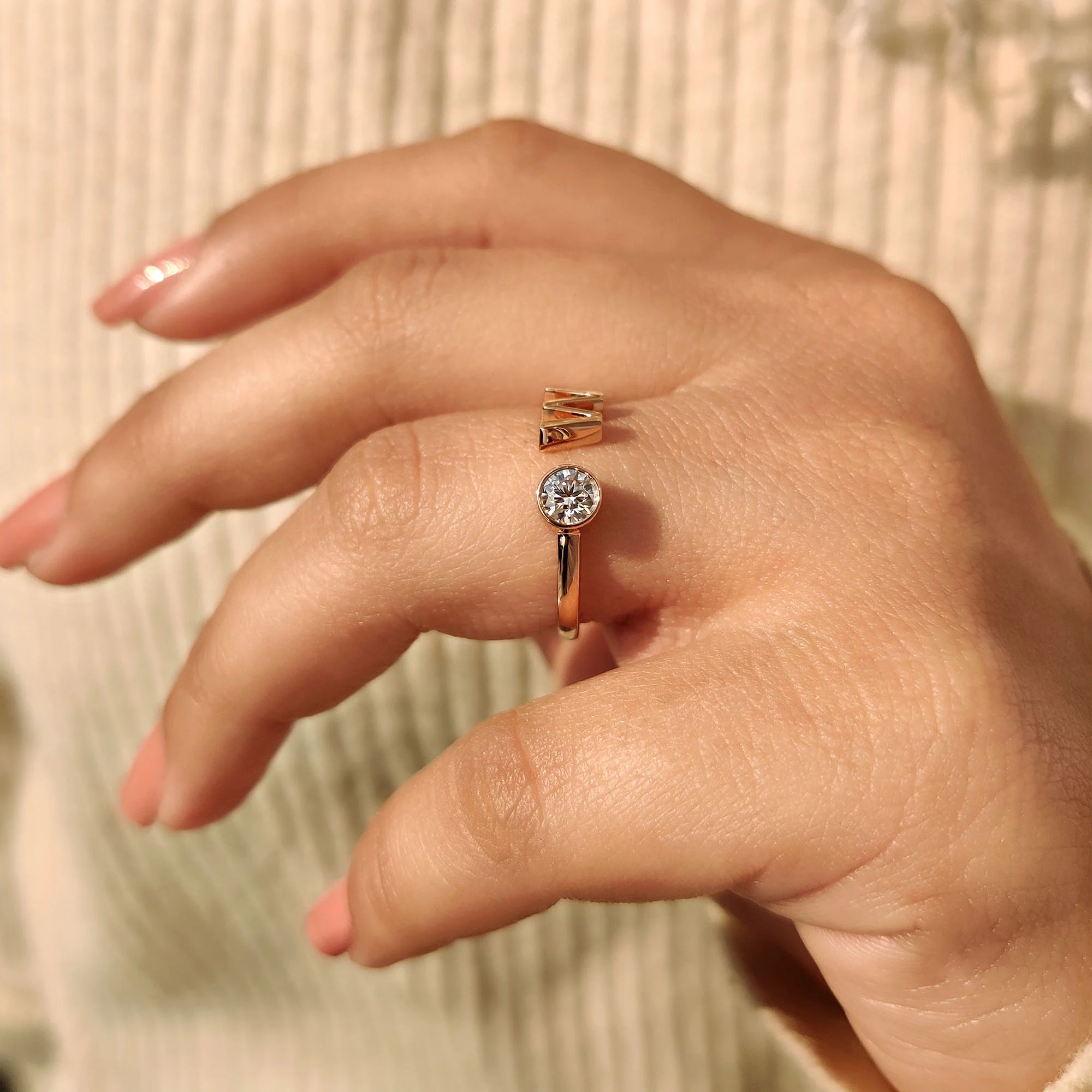 Bezel Set Round Cut Open Gap Ring Set With Personalized Letter - Image 5