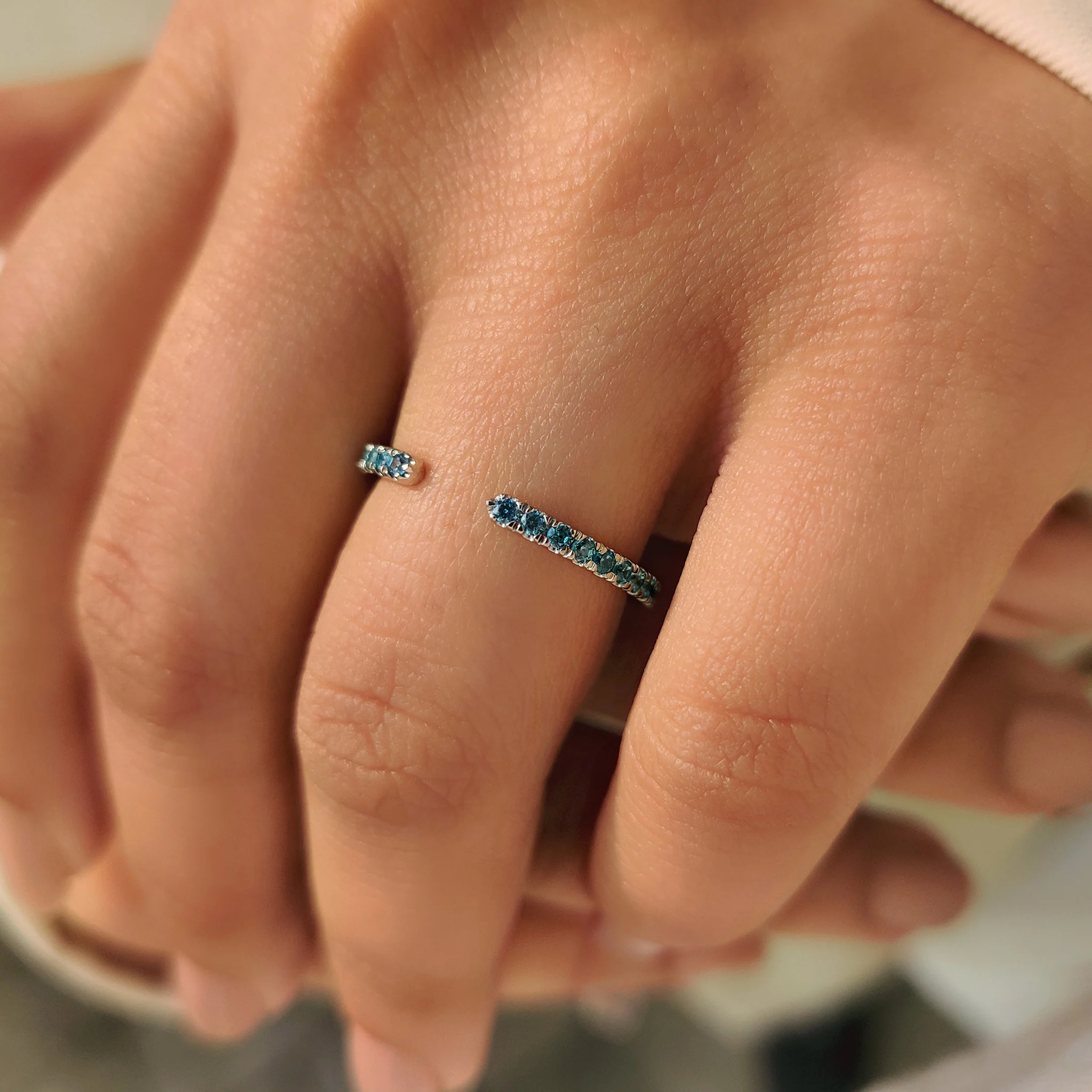 Open Gap Round Cut Blue Diamond Wedding Band - Image 6