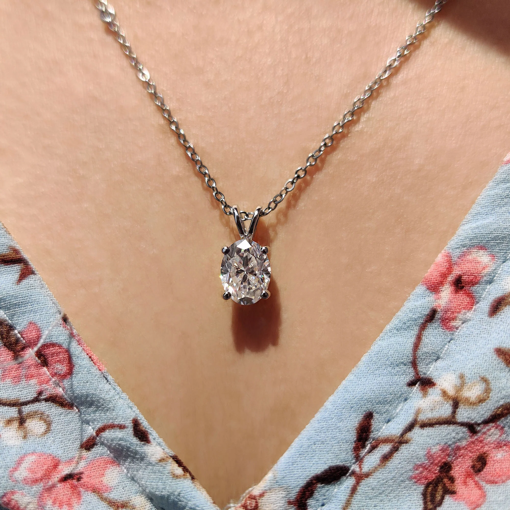 Oval Cut Moissanite Pendant In Solitaire Bunny Ear Bail