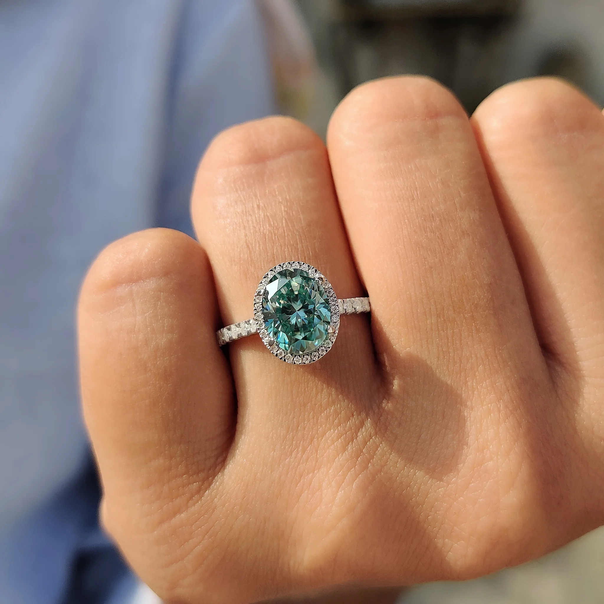 Oval Halo Engagement Ring With Cyan Blue Stone - Image 2
