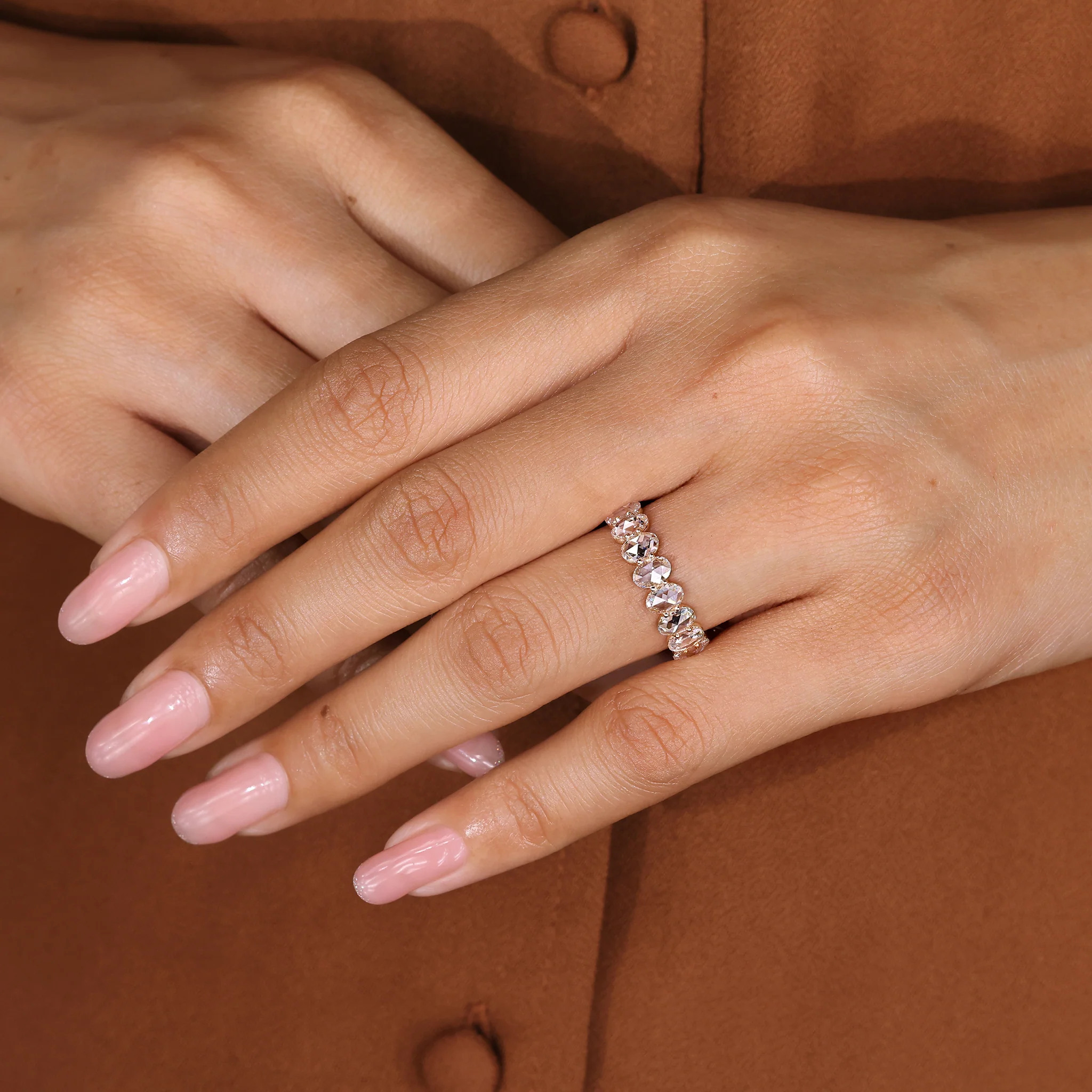 Oval Rose Cut Diamond Eternity Band with Shared Prong - Image 10
