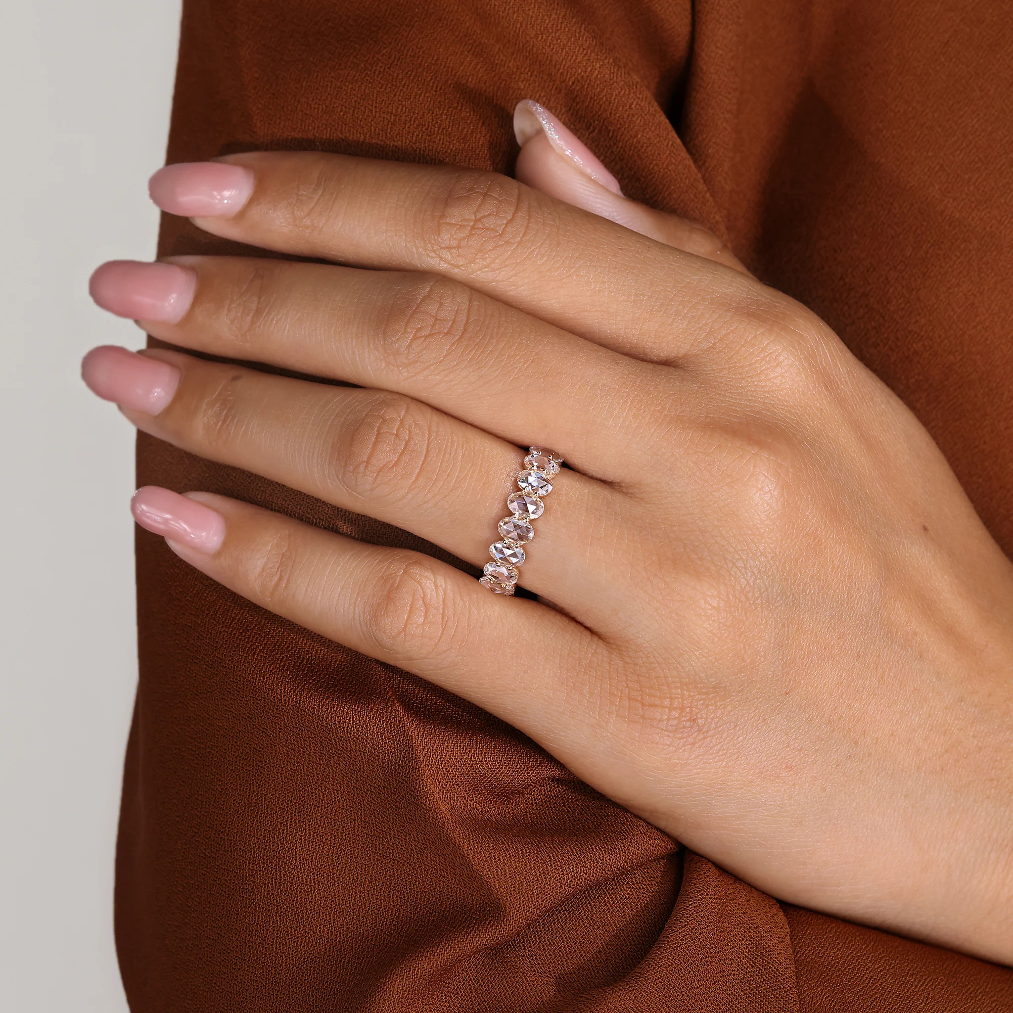 Oval Rose Cut Diamond Eternity Band with Shared Prong - Image 6