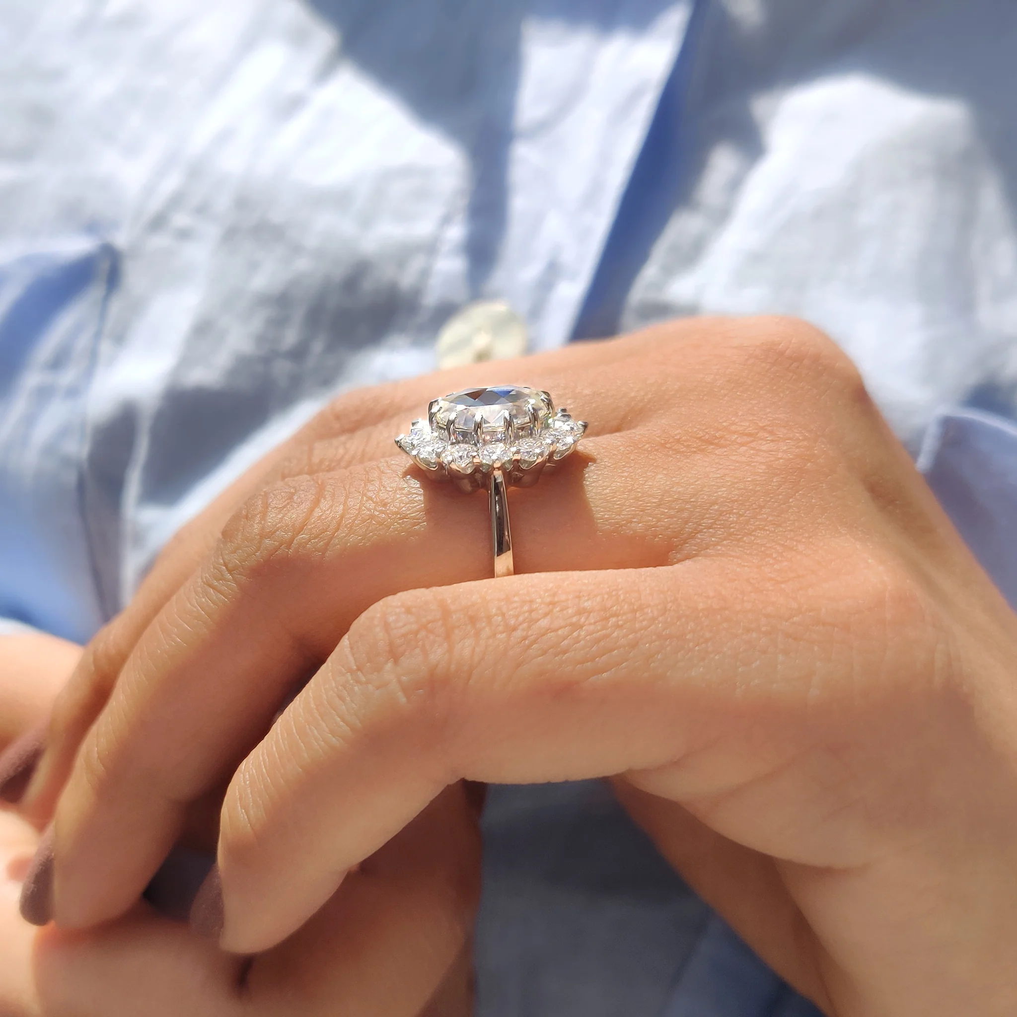 Oval Rose Cut Engagement Ring In Cluster Halo Style - Image 5