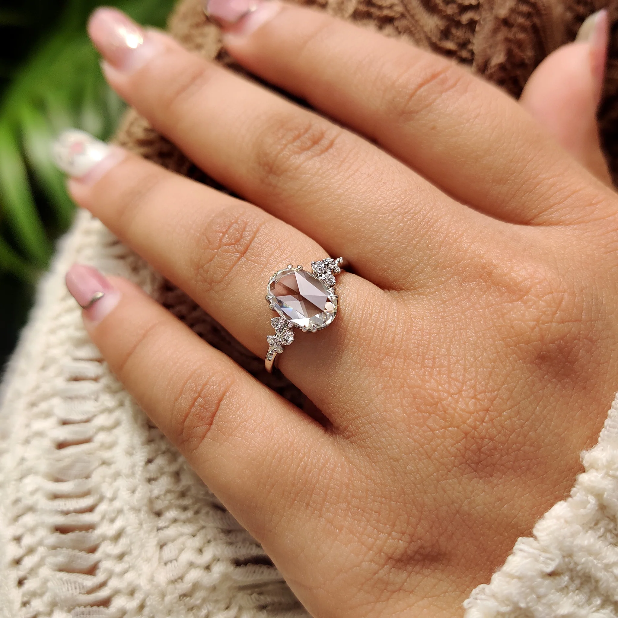 Oval Rose Cut Engagement Ring With Cluster Setting - Image 2