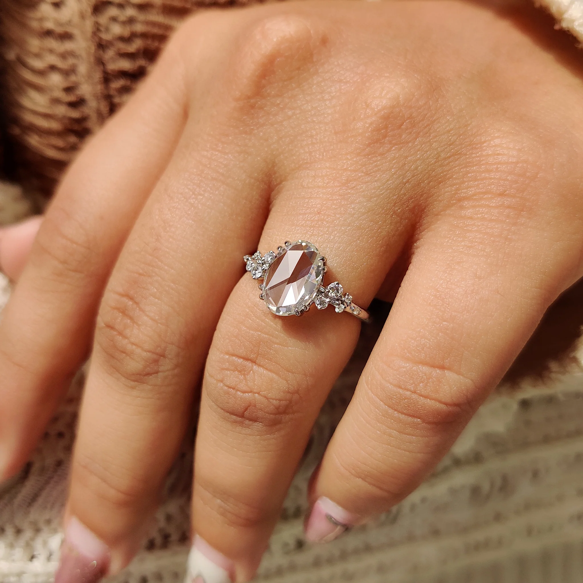Oval Rose Cut Engagement Ring With Cluster Setting - Image 3
