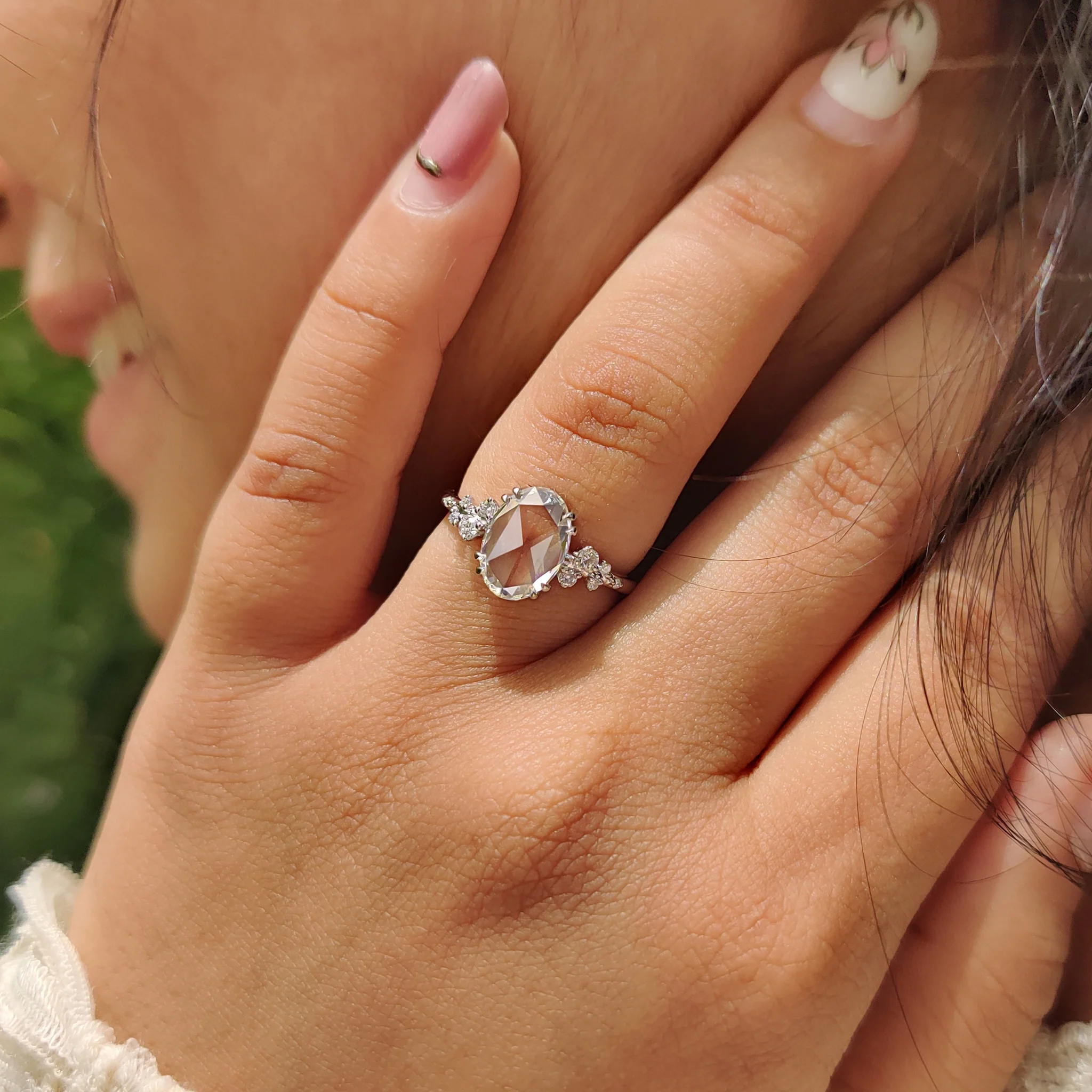 Oval Rose Cut Engagement Ring With Cluster Setting - Image 5