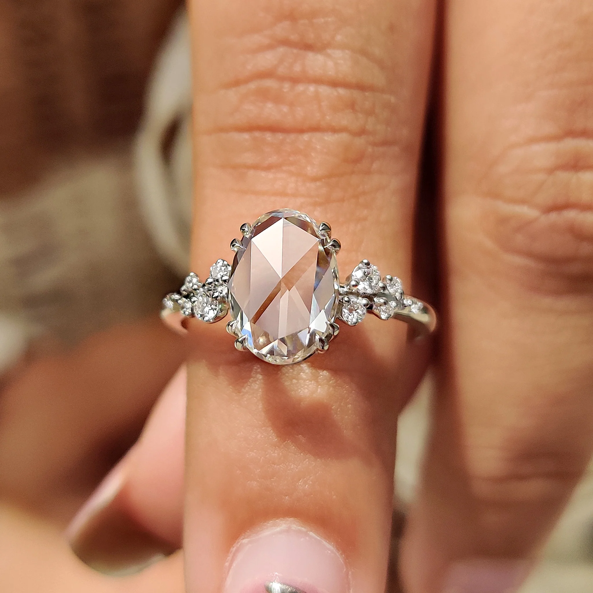 Oval Rose Cut Engagement Ring With Cluster Setting - Image 6