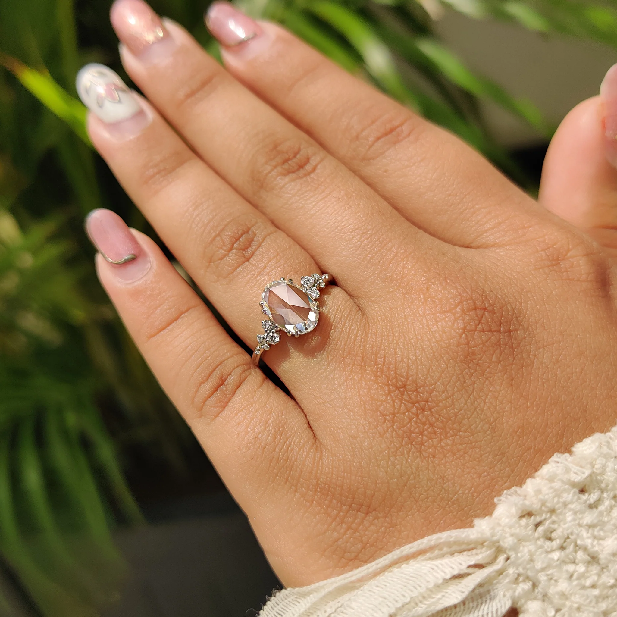 Oval Rose Cut Engagement Ring With Cluster Setting - Image 7