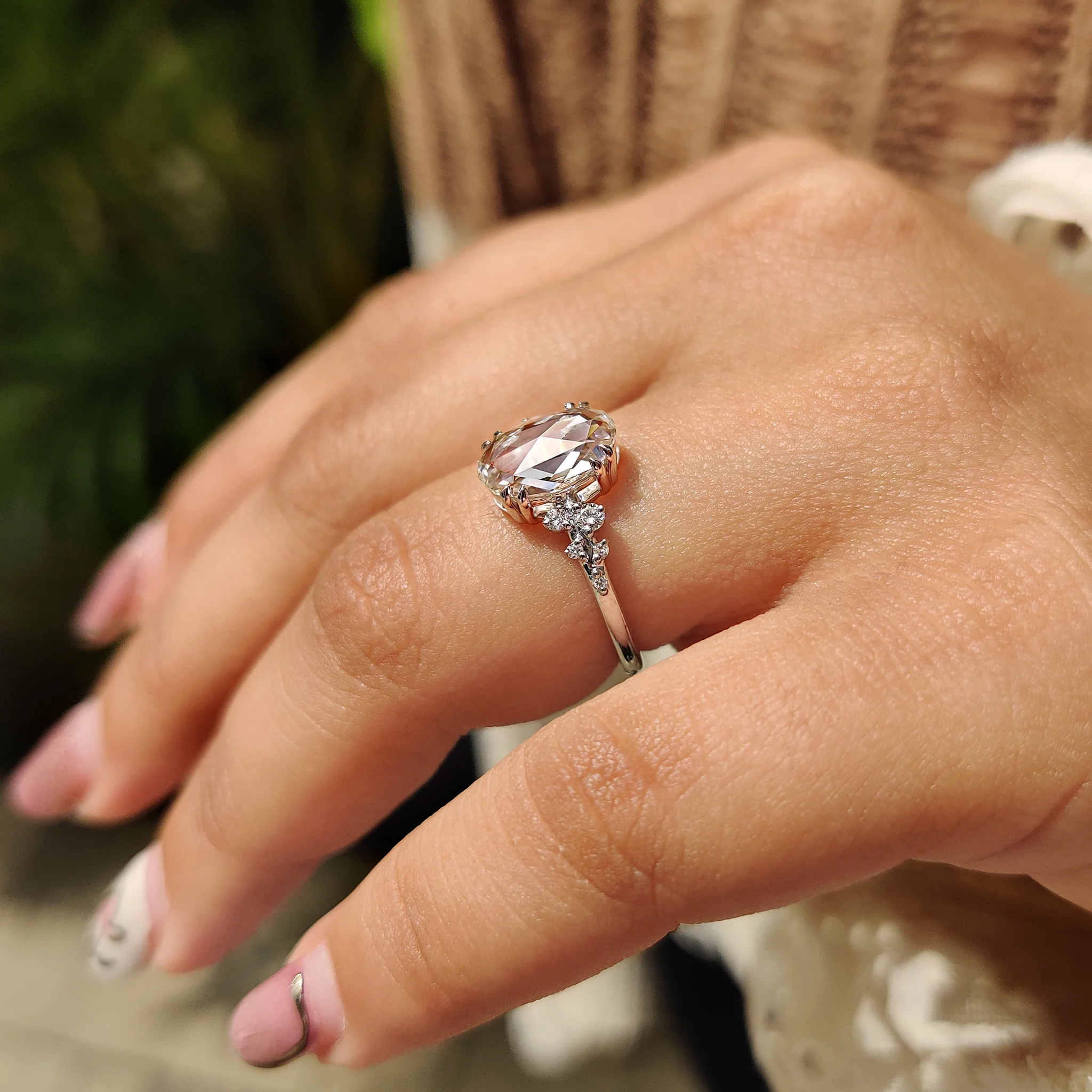 Oval Rose Cut Engagement Ring With Cluster Setting - Image 8