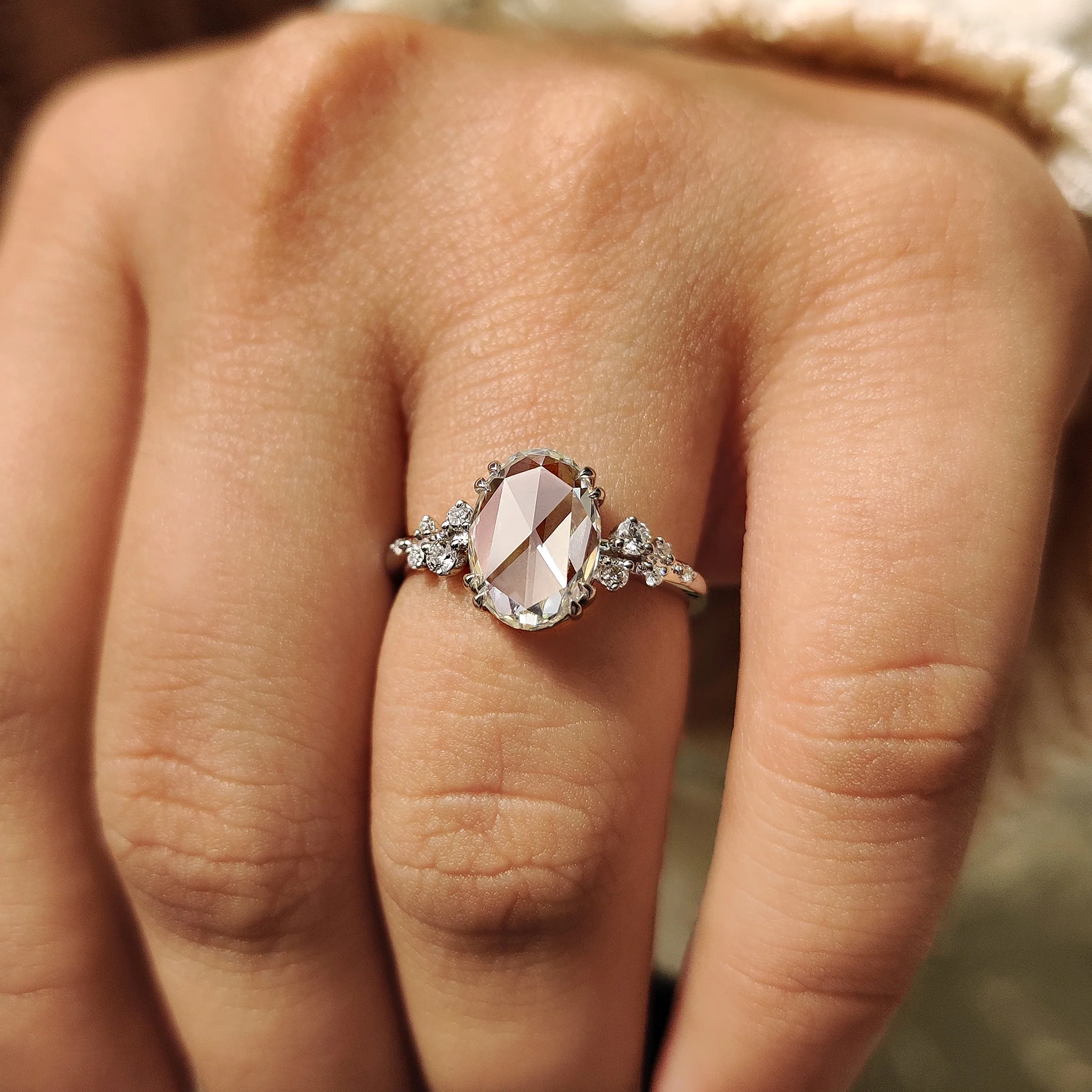 Oval Rose Cut Engagement Ring With Cluster Setting - Image 9