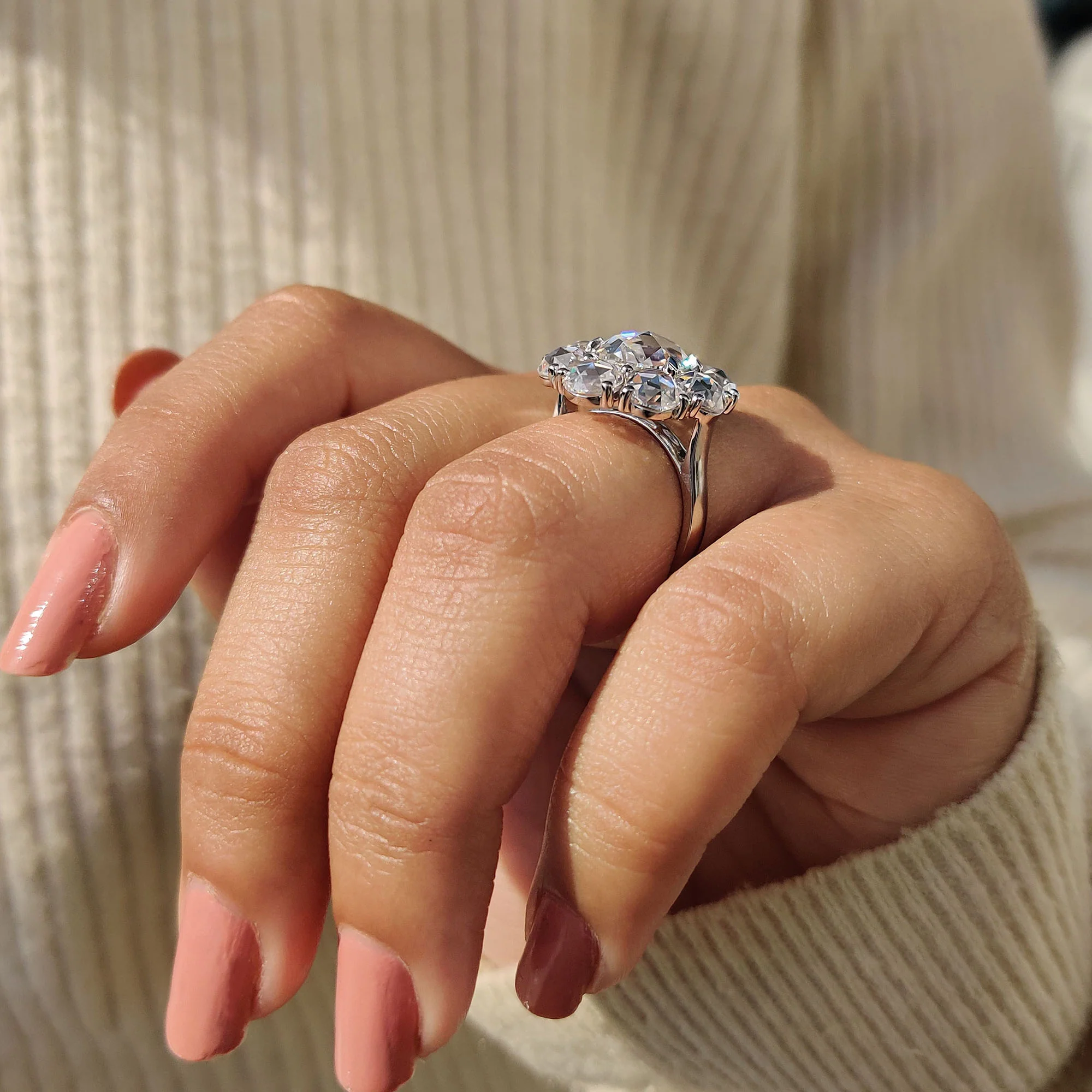 Oval Rose Cut Engagement Ring with Halo setting - Image 6