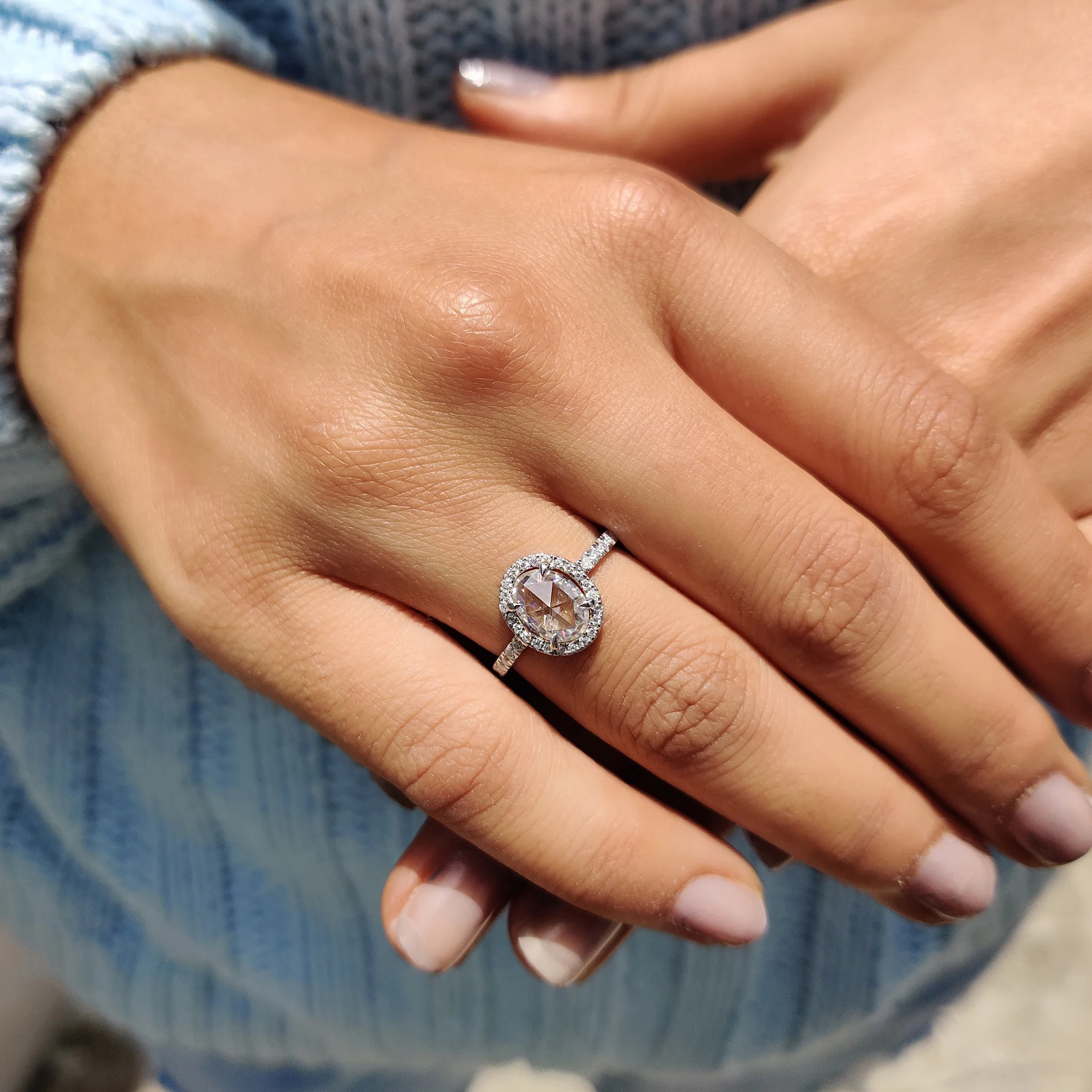 Oval Rose Cut Engagement Ring With Halo Setting - Image 2