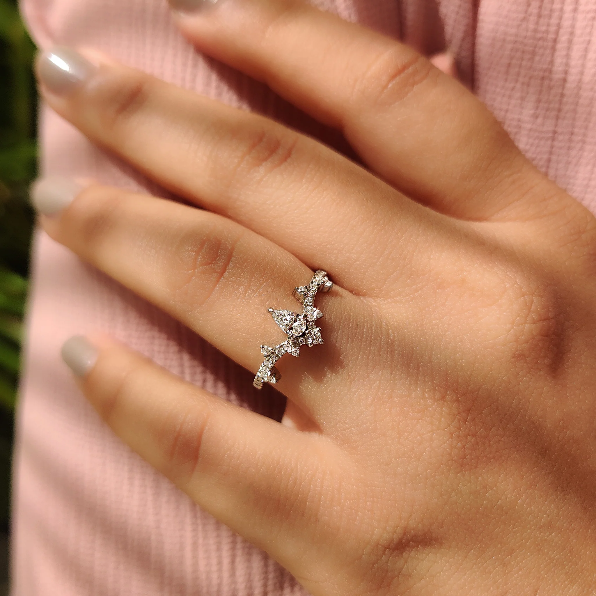 Pear Cluster Diamond Ring In Curved Style - Image 5
