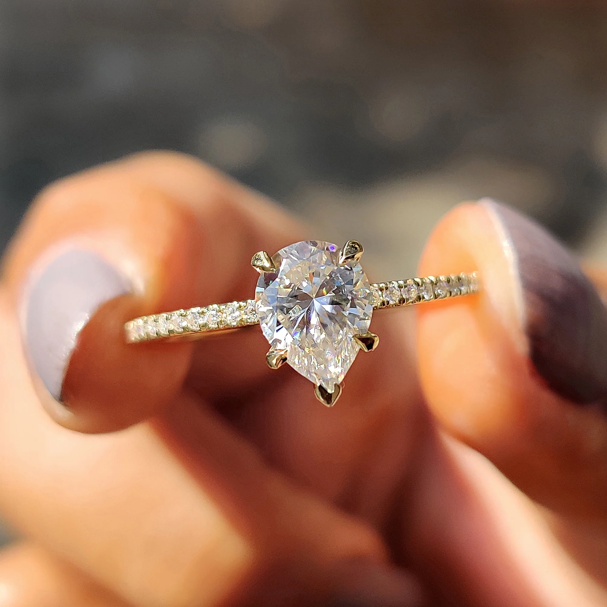 Pear Shaped Engagement Ring in Round Cut Pave Band - Image 3