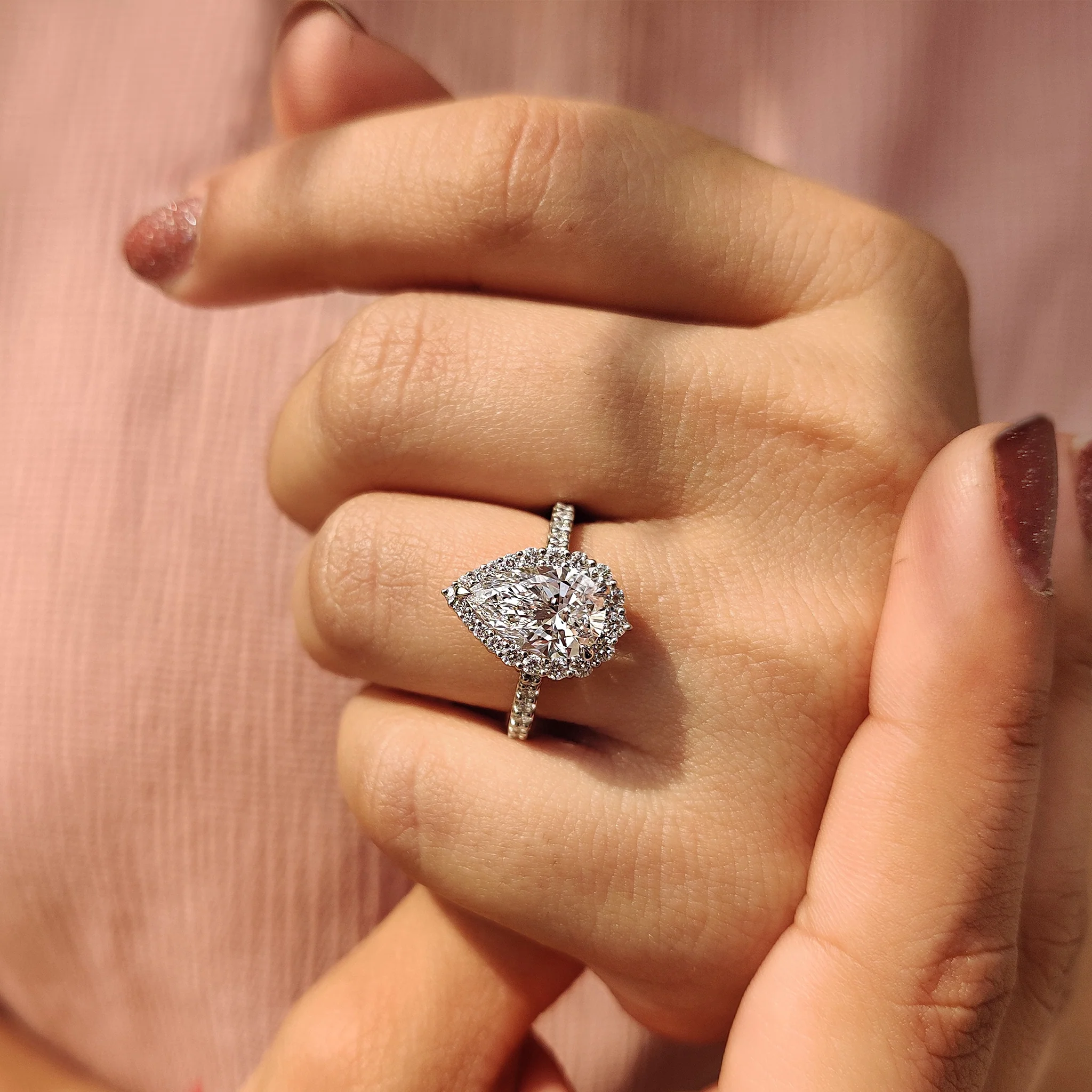 Pear Shaped Halo Engagement Ring In Round Cut Halo Style - Image 3