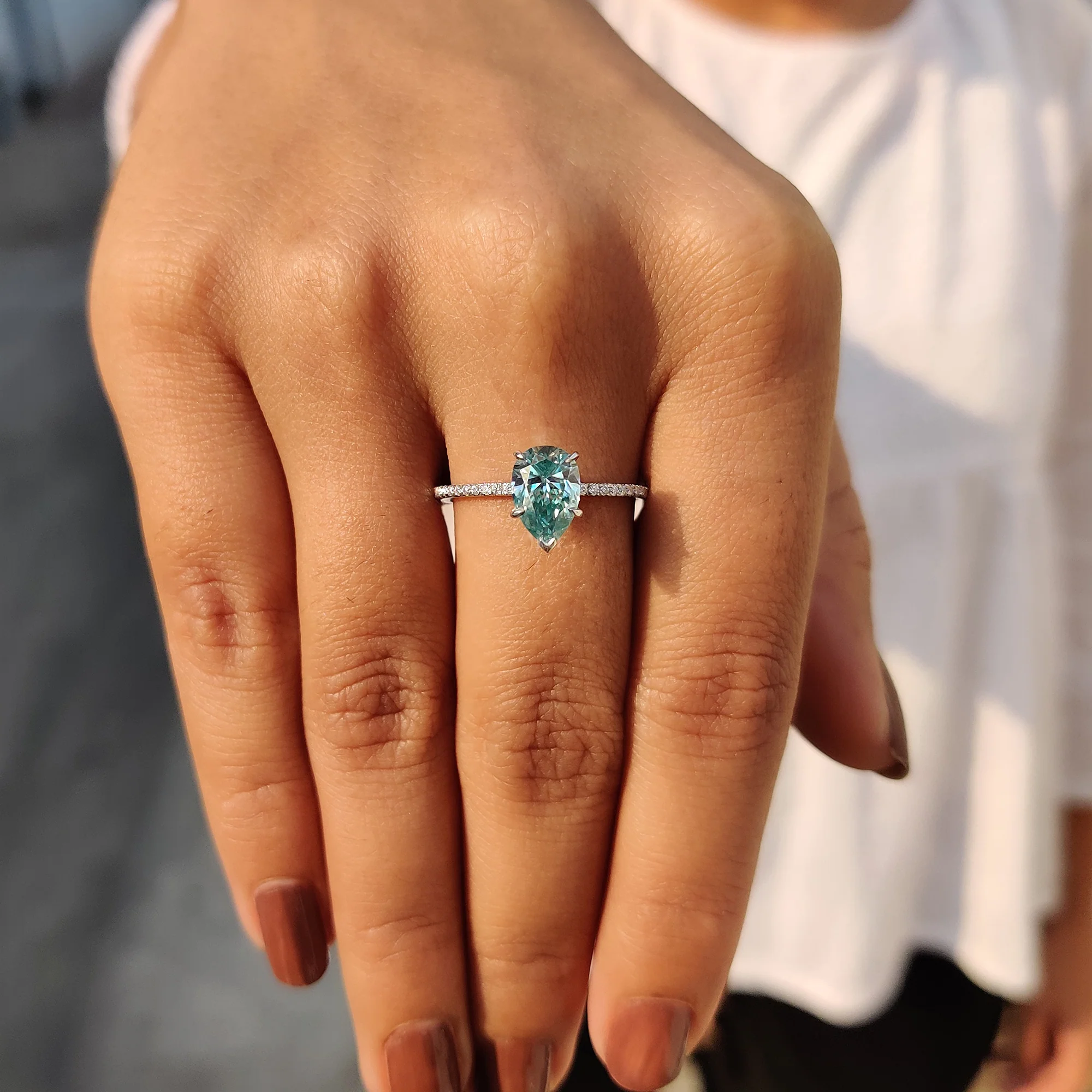 Cyan Blue Pear Shaped Moissanite Ring - Image 3