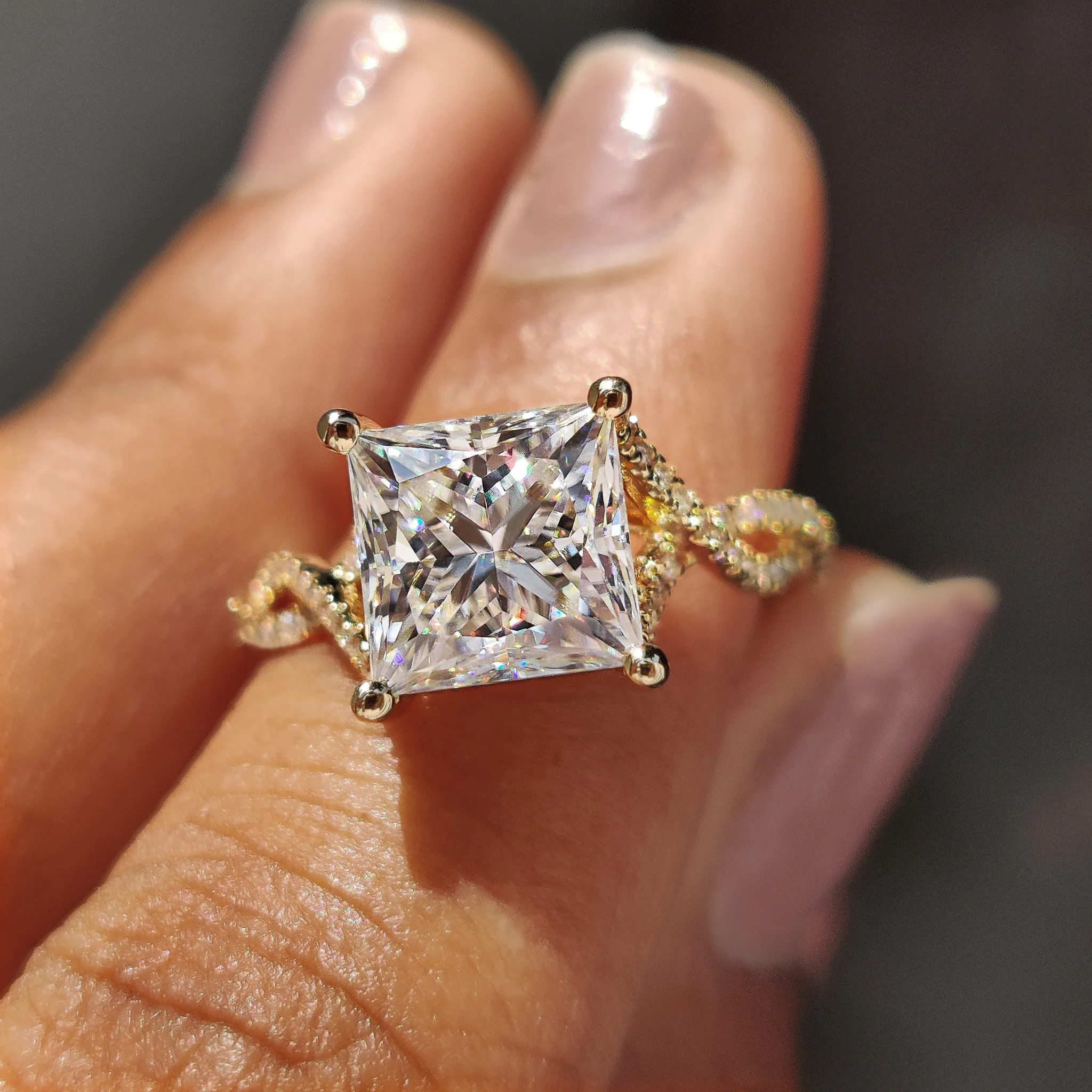 Princess Cut Moissanite Engagement Ring in Peekaboo Ring Style