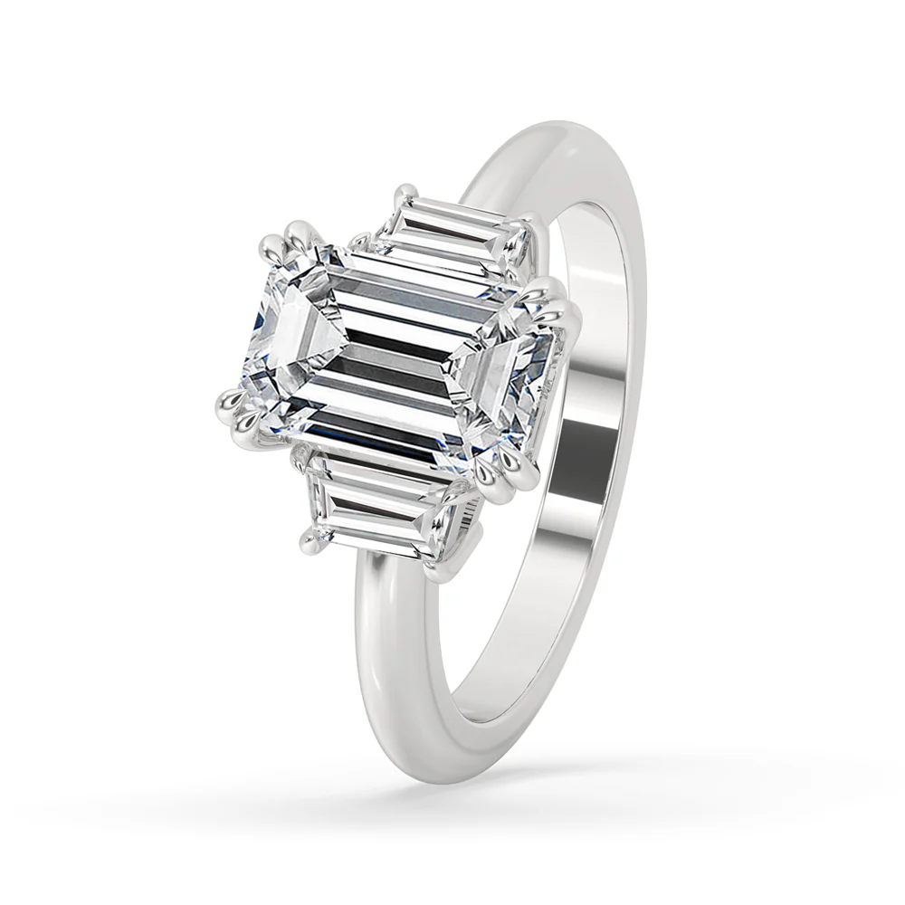 Three Stone Engagement Ring with Emerald Diamonds - Image 2
